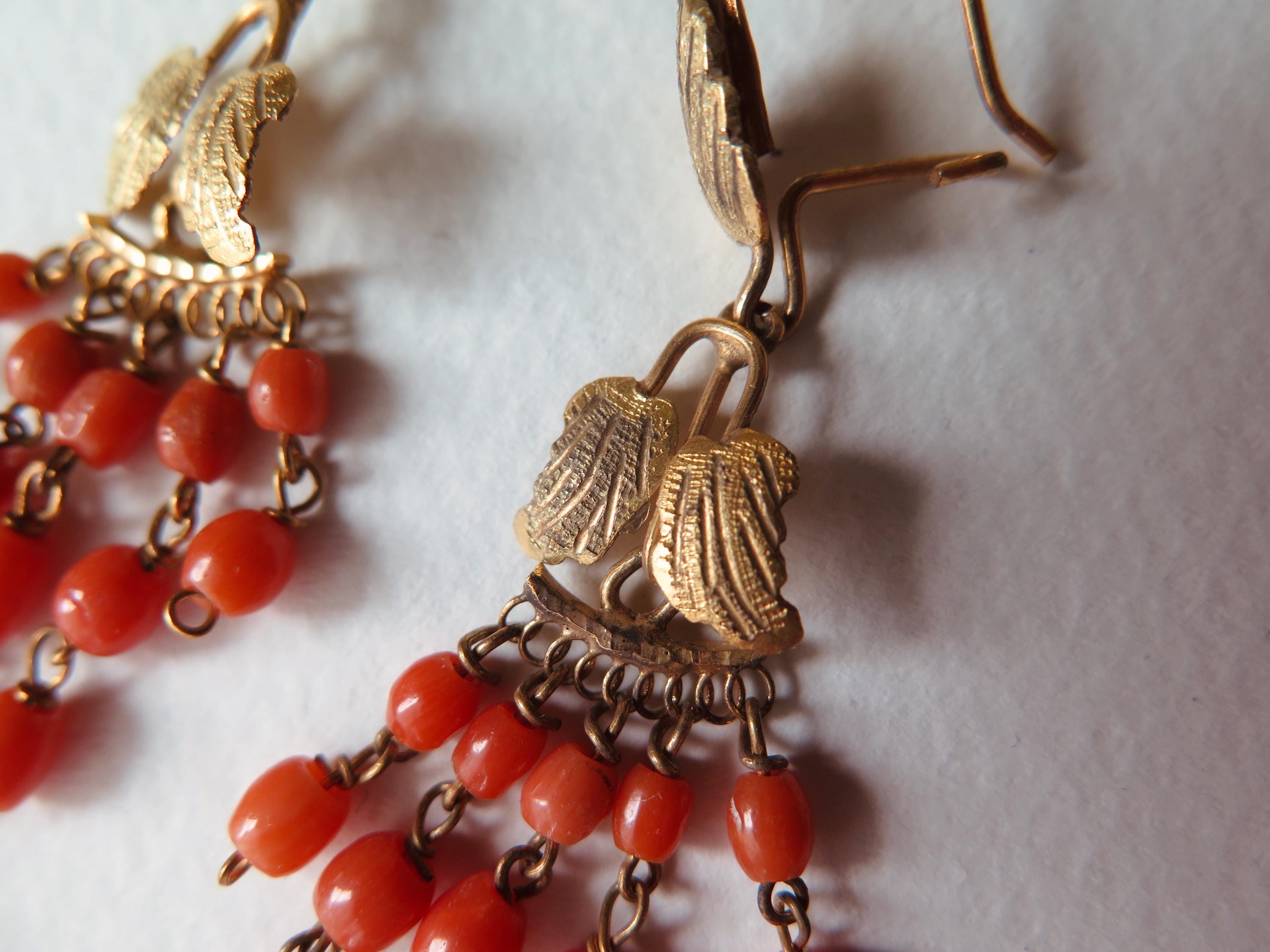 Vintage 9k Gold Coral Chandelier Earrings: Mediterranean Leaf Drops