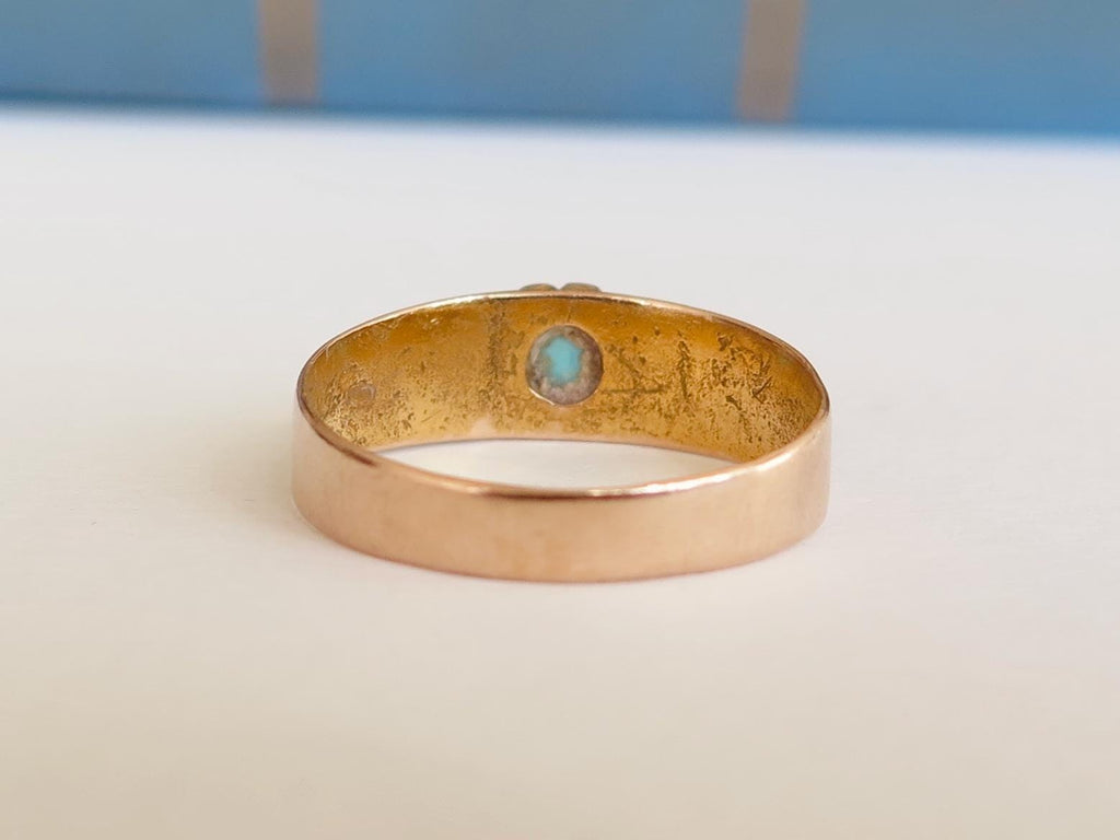 Antique 14k Gold Turquoise Ring: Victorian Engraved Band, 1883