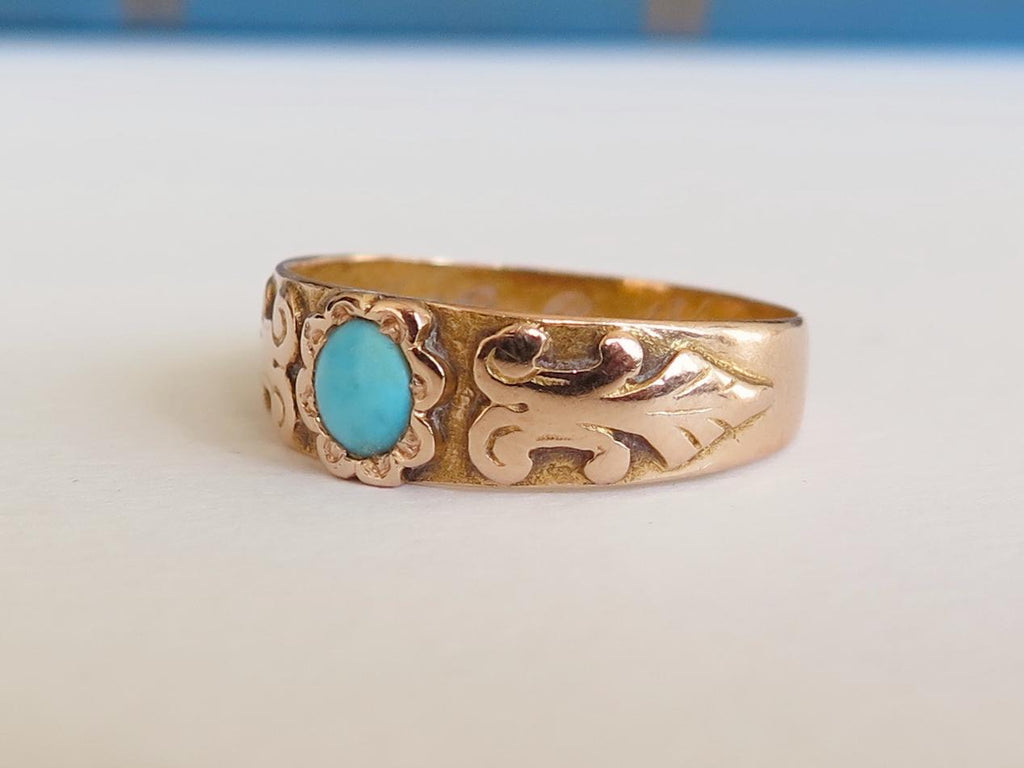 Antique 14k Gold Turquoise Ring: Victorian Engraved Band, 1883