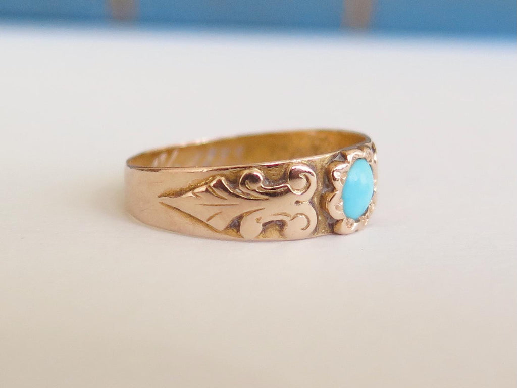 Antique 14k Gold Turquoise Ring: Victorian Engraved Band, 1883