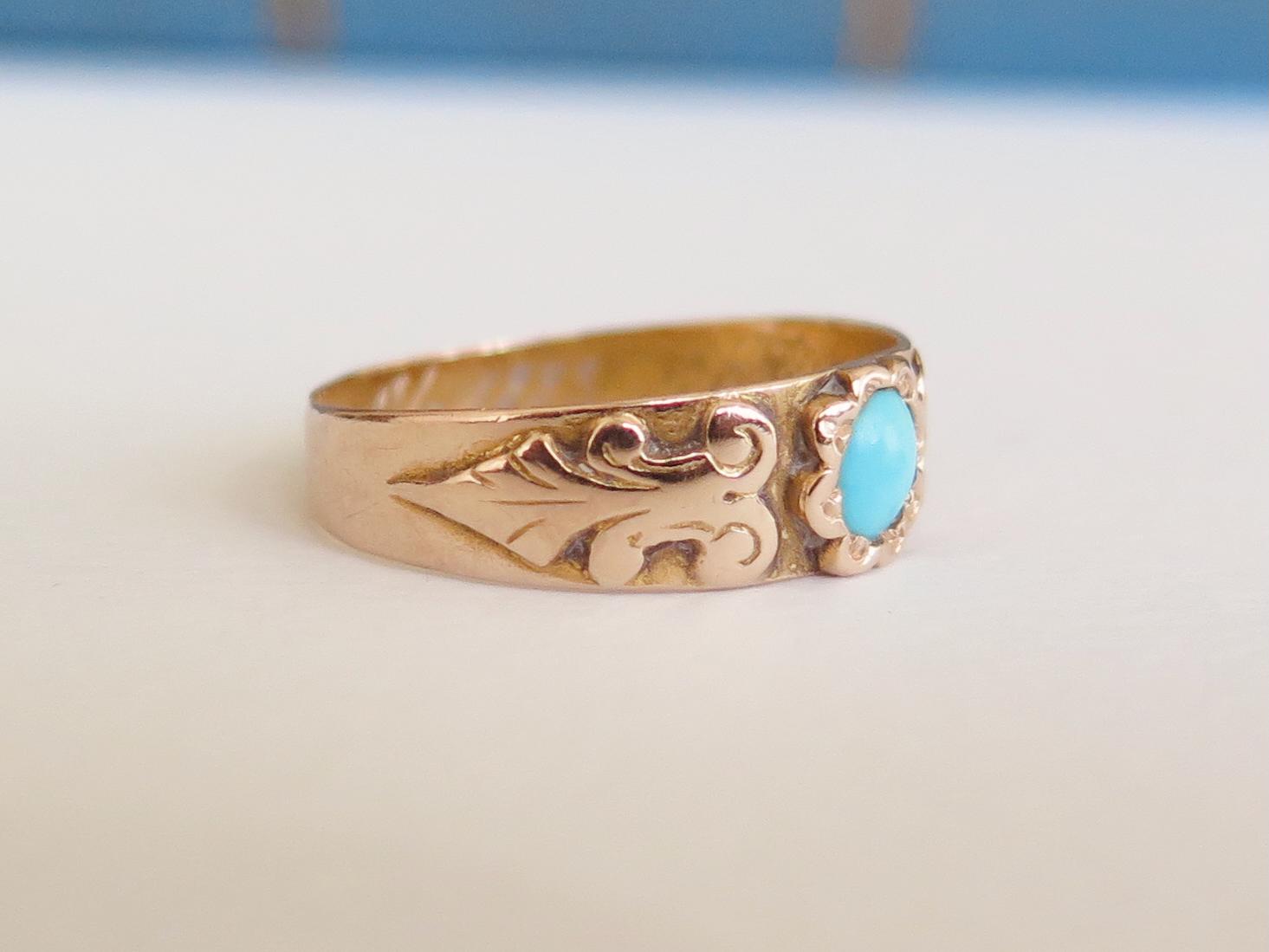 Antique 14k Gold Turquoise Ring: Victorian Engraved Band, 1883
