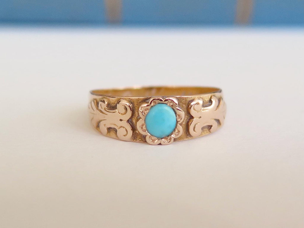 Antique 14k Gold Turquoise Ring: Victorian Engraved Band, 1883