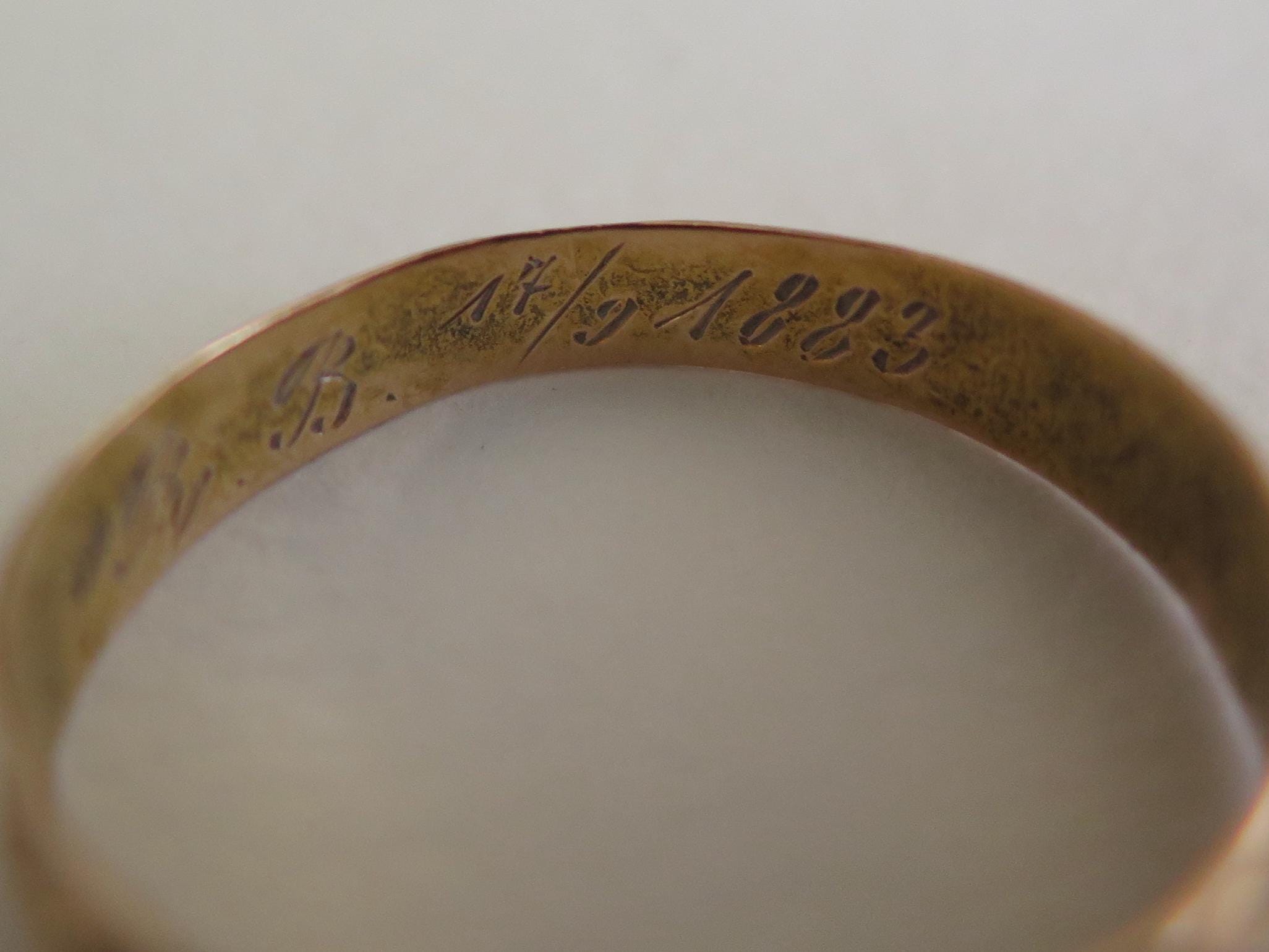 Antique 14k Gold Turquoise Ring: Victorian Engraved Band, 1883