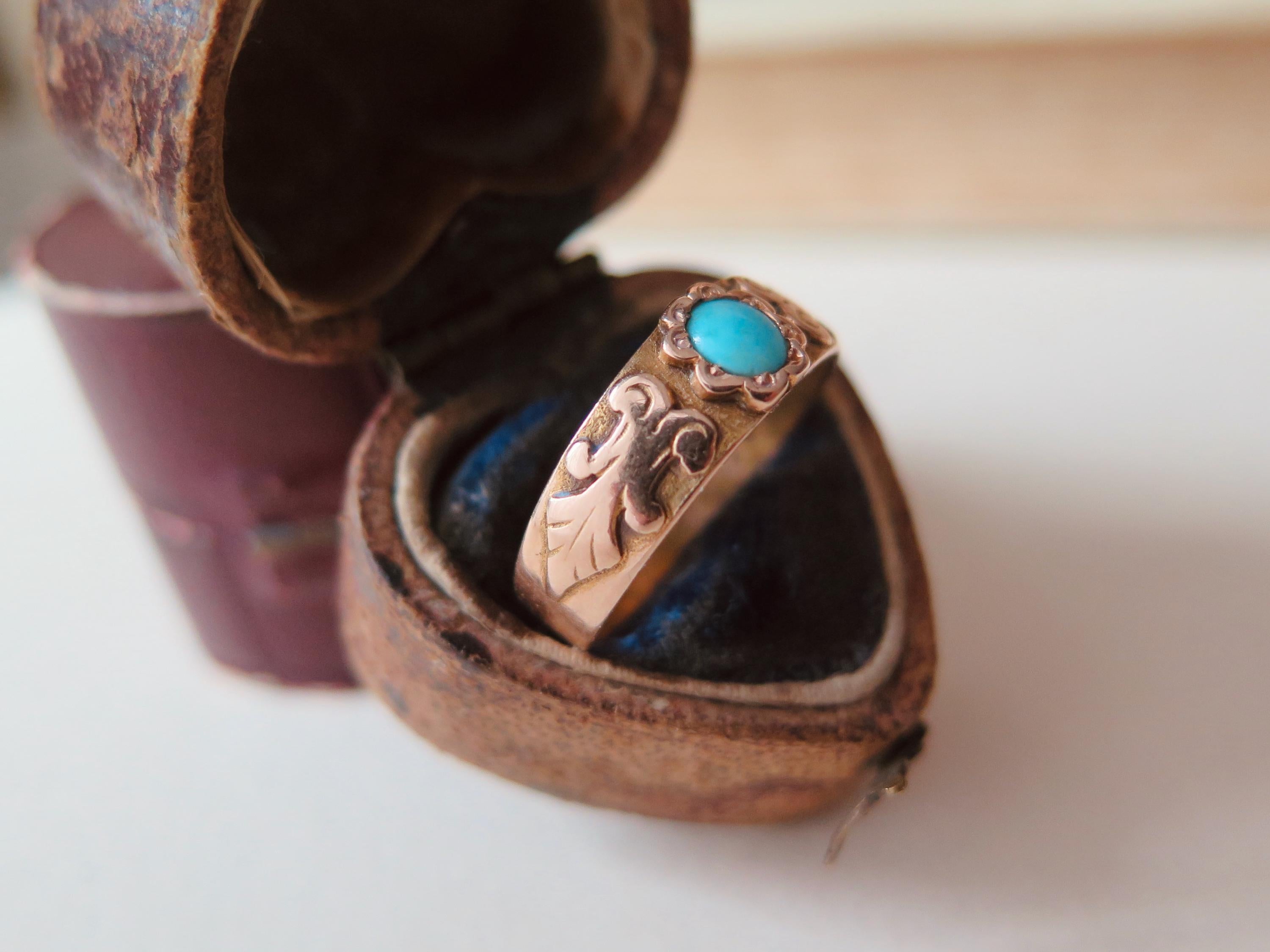 Antique 14k Gold Turquoise Ring: Victorian Engraved Band, 1883