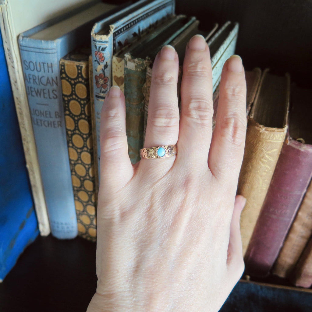 Antique 14k Gold Turquoise Ring: Victorian Engraved Band, 1883