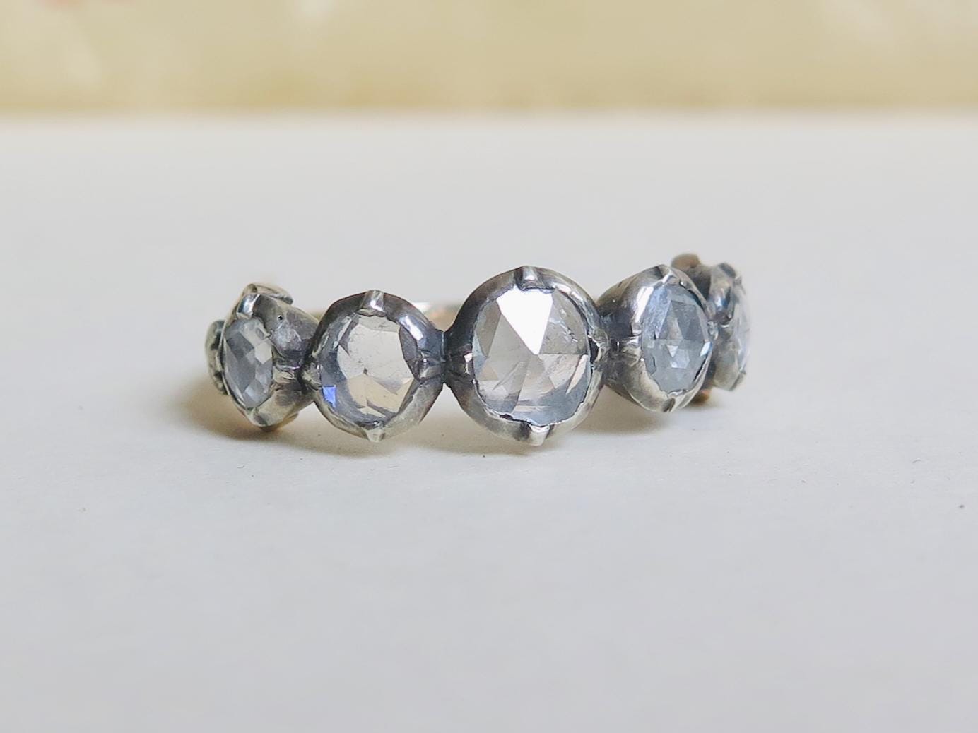 Antique Victorian Rose-Cut Diamond Ring in 14k Gold & Silver – c.1870