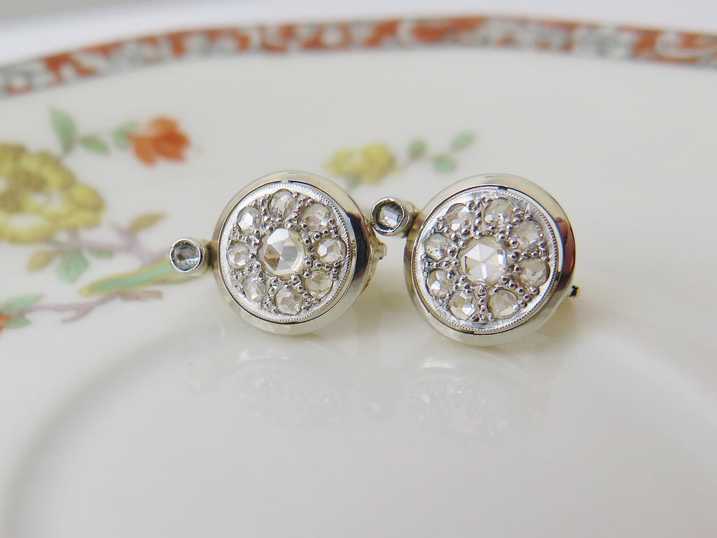 Art Deco 14k Gold Rose Cut Diamond Cluster Earrings: Early 1900s
