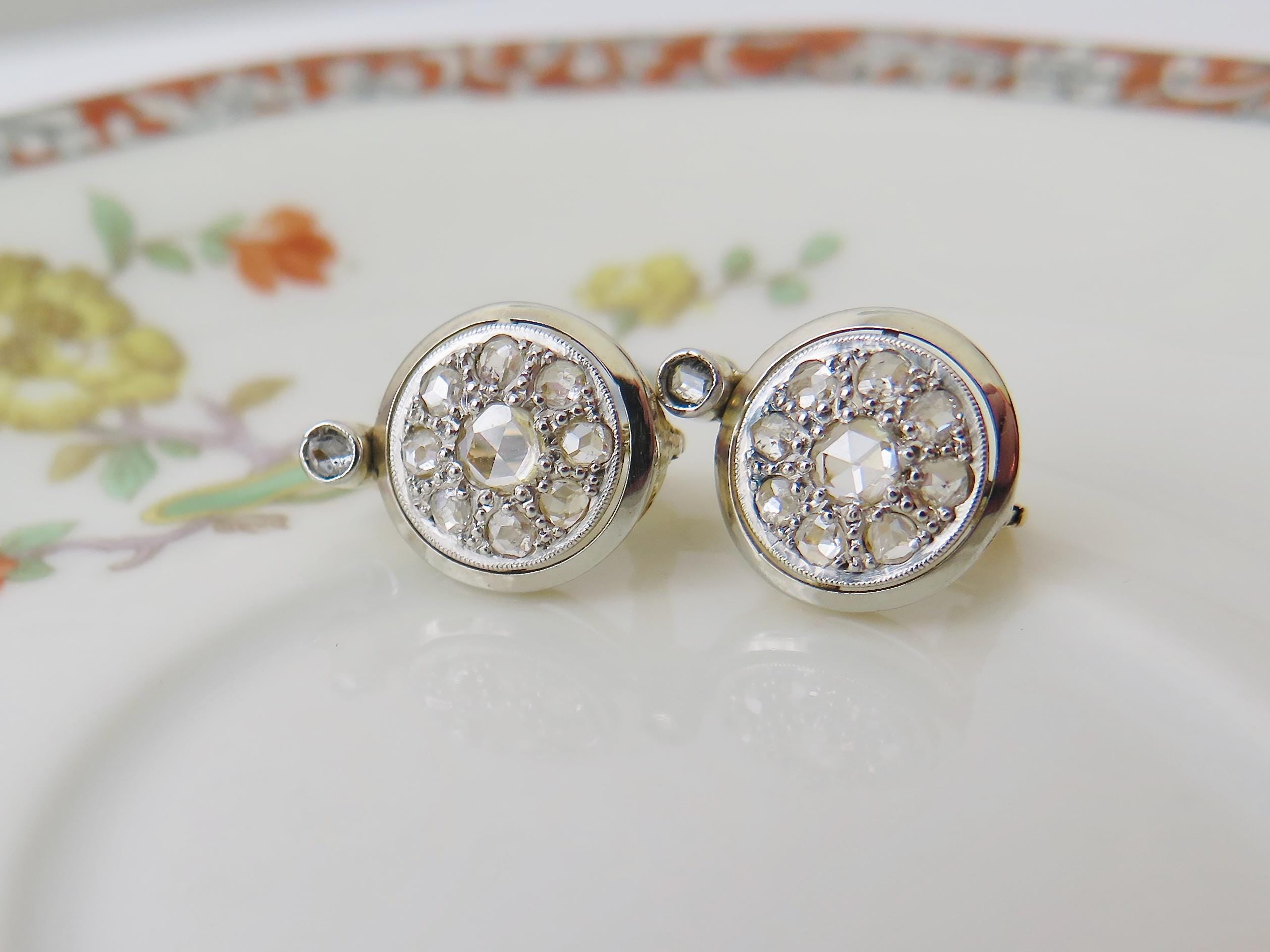 Art Deco 14k Gold Rose Cut Diamond Cluster Earrings: Early 1900s