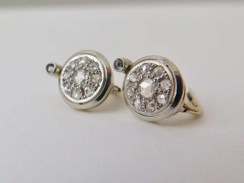 Art Deco 14k Gold Rose Cut Diamond Cluster Earrings: Early 1900s