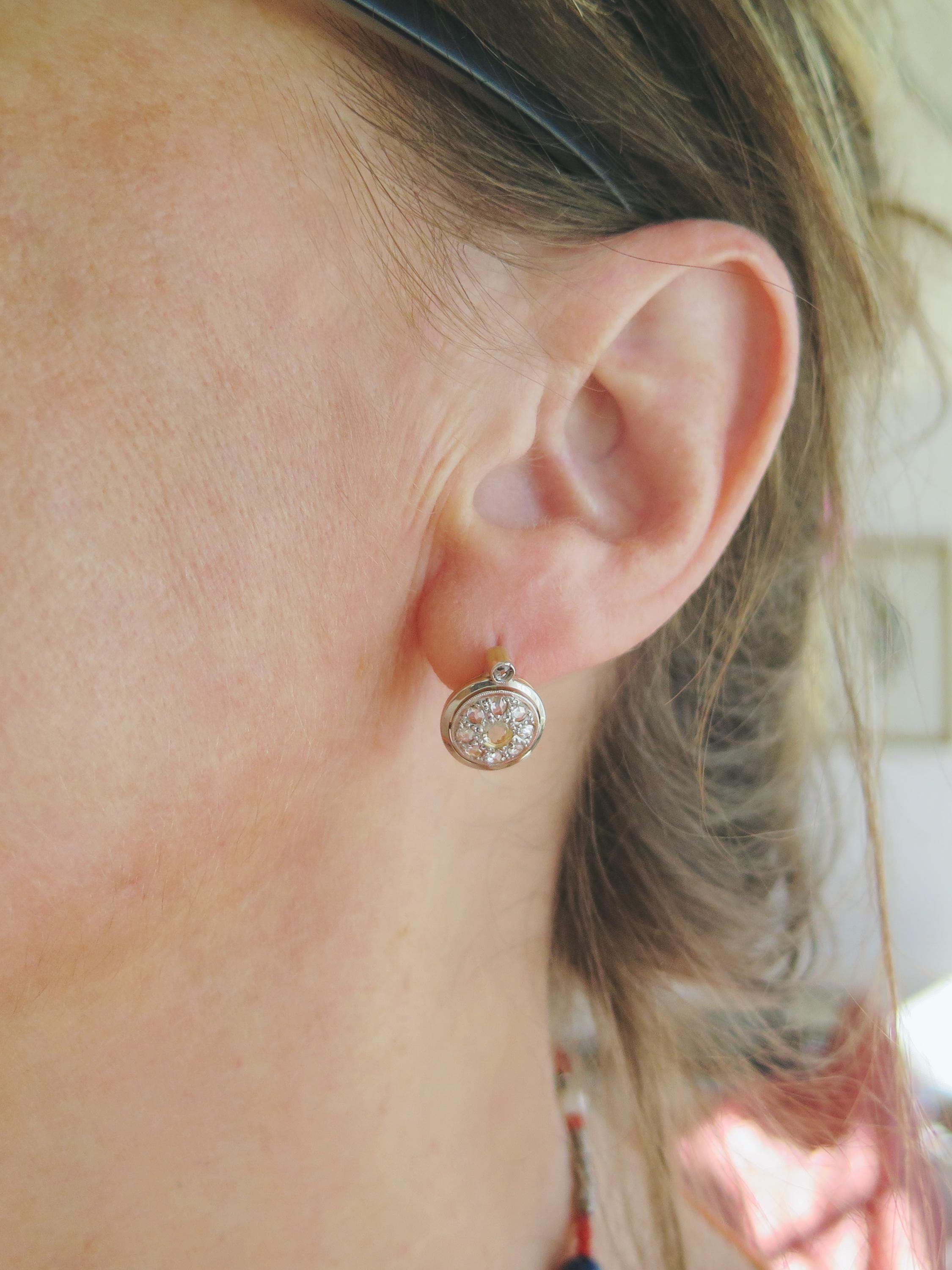 Art Deco 14k Gold Rose Cut Diamond Cluster Earrings: Early 1900s