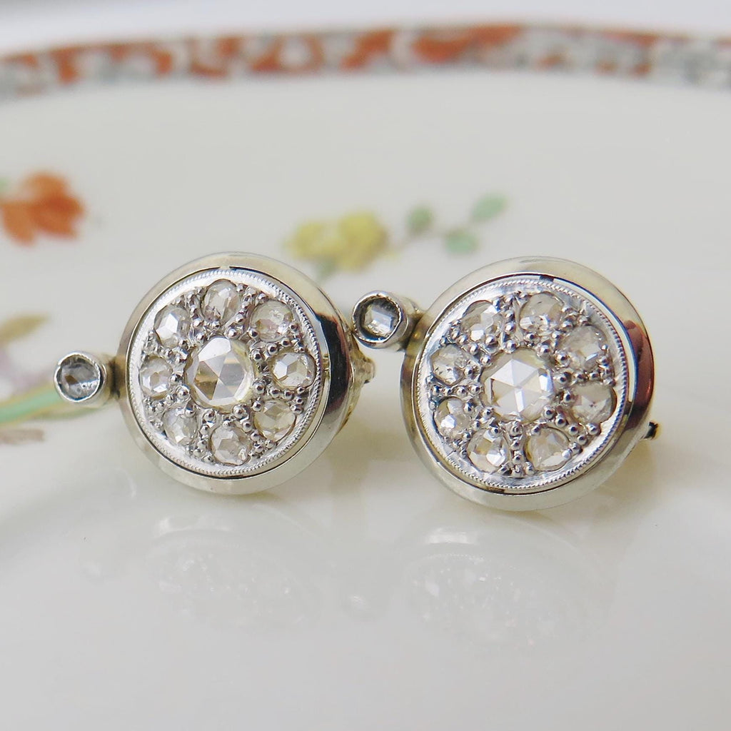 Art Deco 14k Gold Rose Cut Diamond Cluster Earrings: Early 1900s