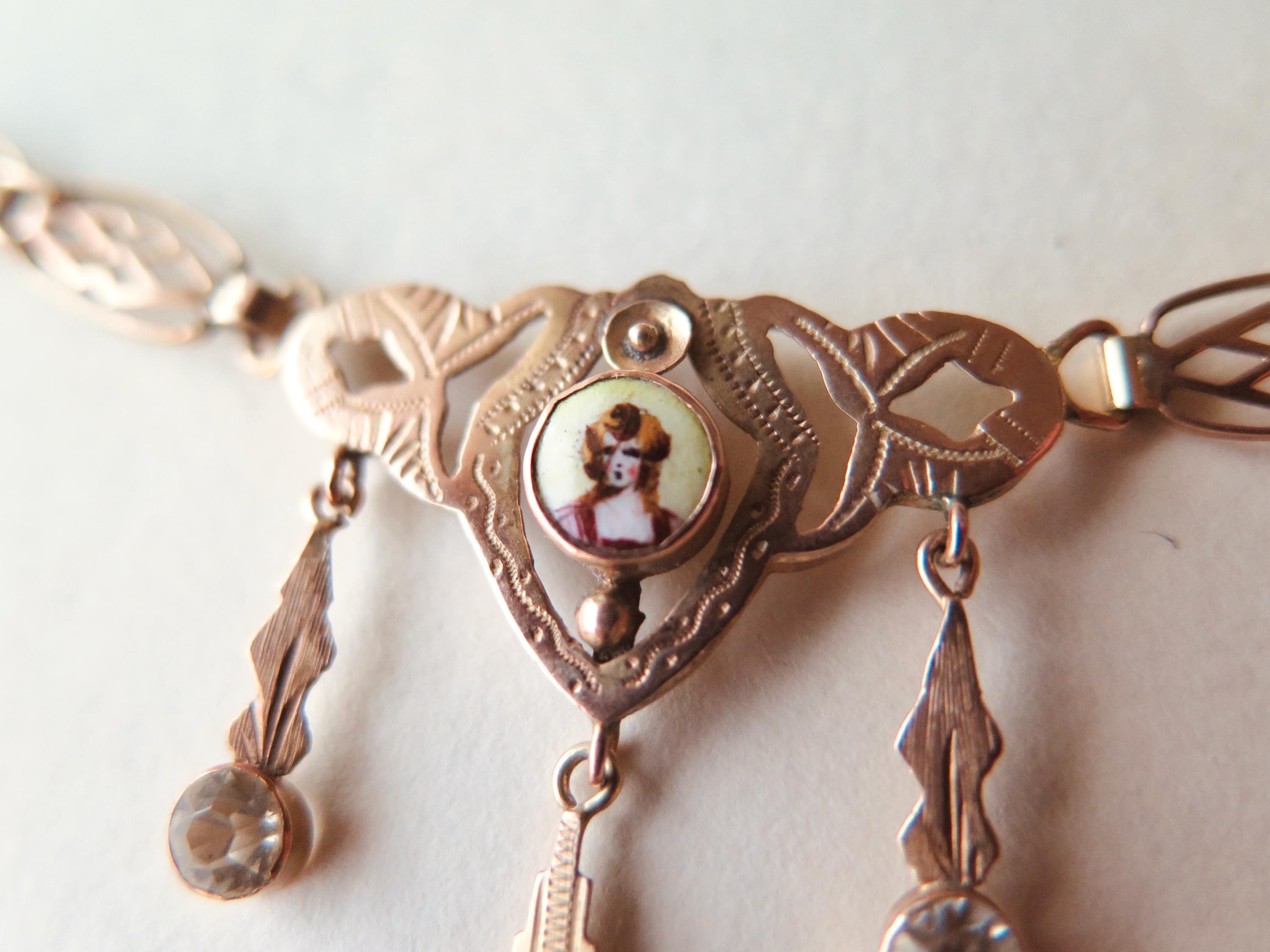 Victorian Italian Enamel Portrait Necklace | 9k Gold & Glass Paste Drops, Spadafora c.1890s