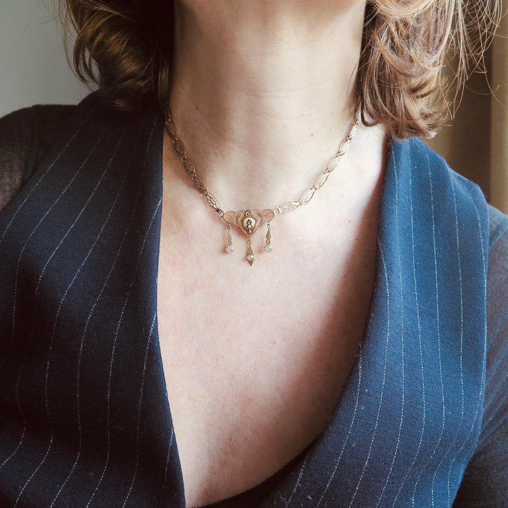Victorian Italian Enamel Portrait Necklace | 9k Gold & Glass Paste Drops, Spadafora c.1890s