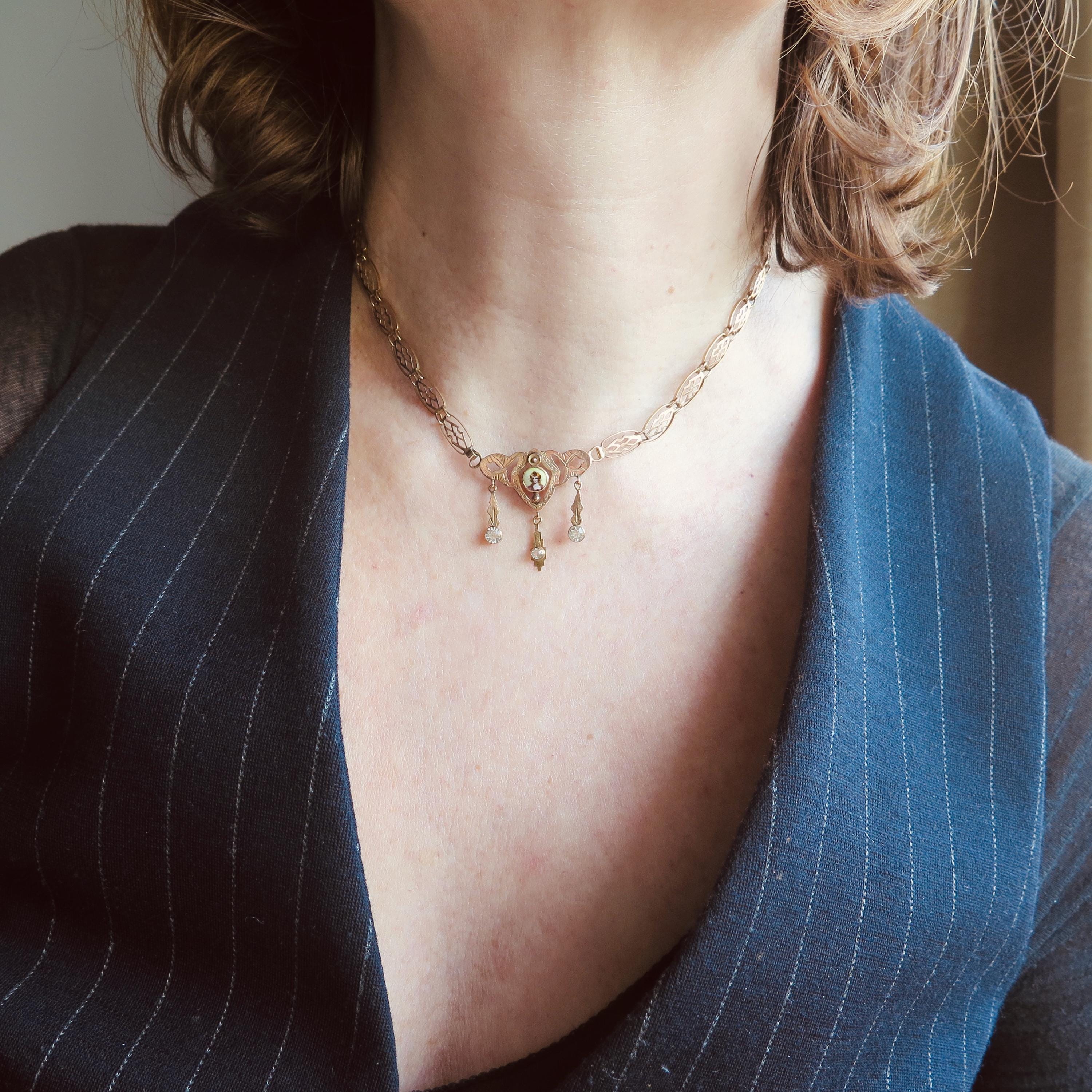 Victorian Italian Enamel Portrait Necklace | 9k Gold & Glass Paste Drops, Spadafora c.1890s