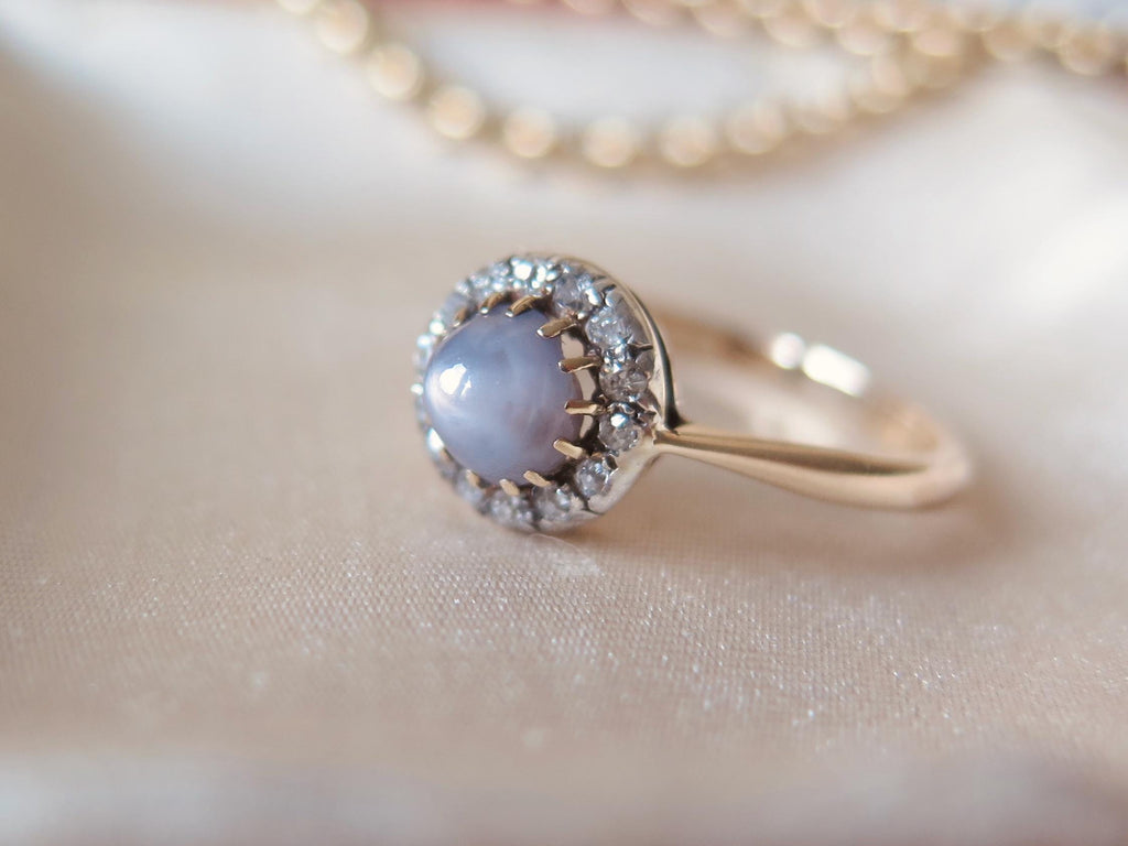 Victorian 14k Gold Star Sapphire Ring: Antique Diamond Halo Jewelry