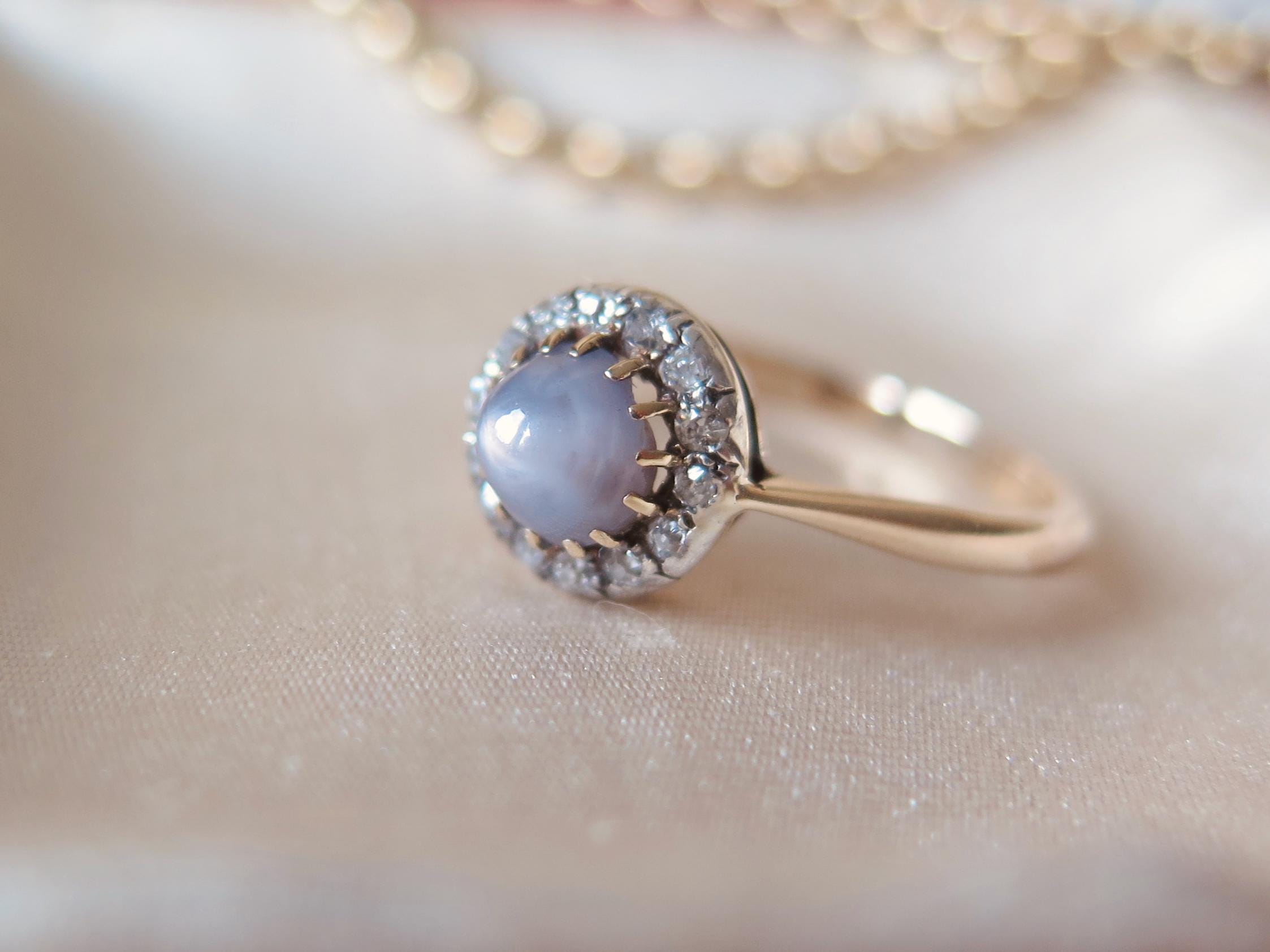 Victorian 14k Gold Star Sapphire Ring: Antique Diamond Halo Jewelry