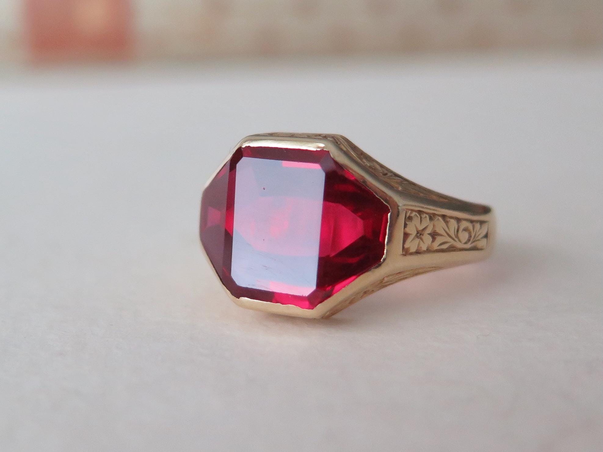 Art Deco 1930s 14k Gold Ring with Synthetic Ruby – Large Size Signet Ring