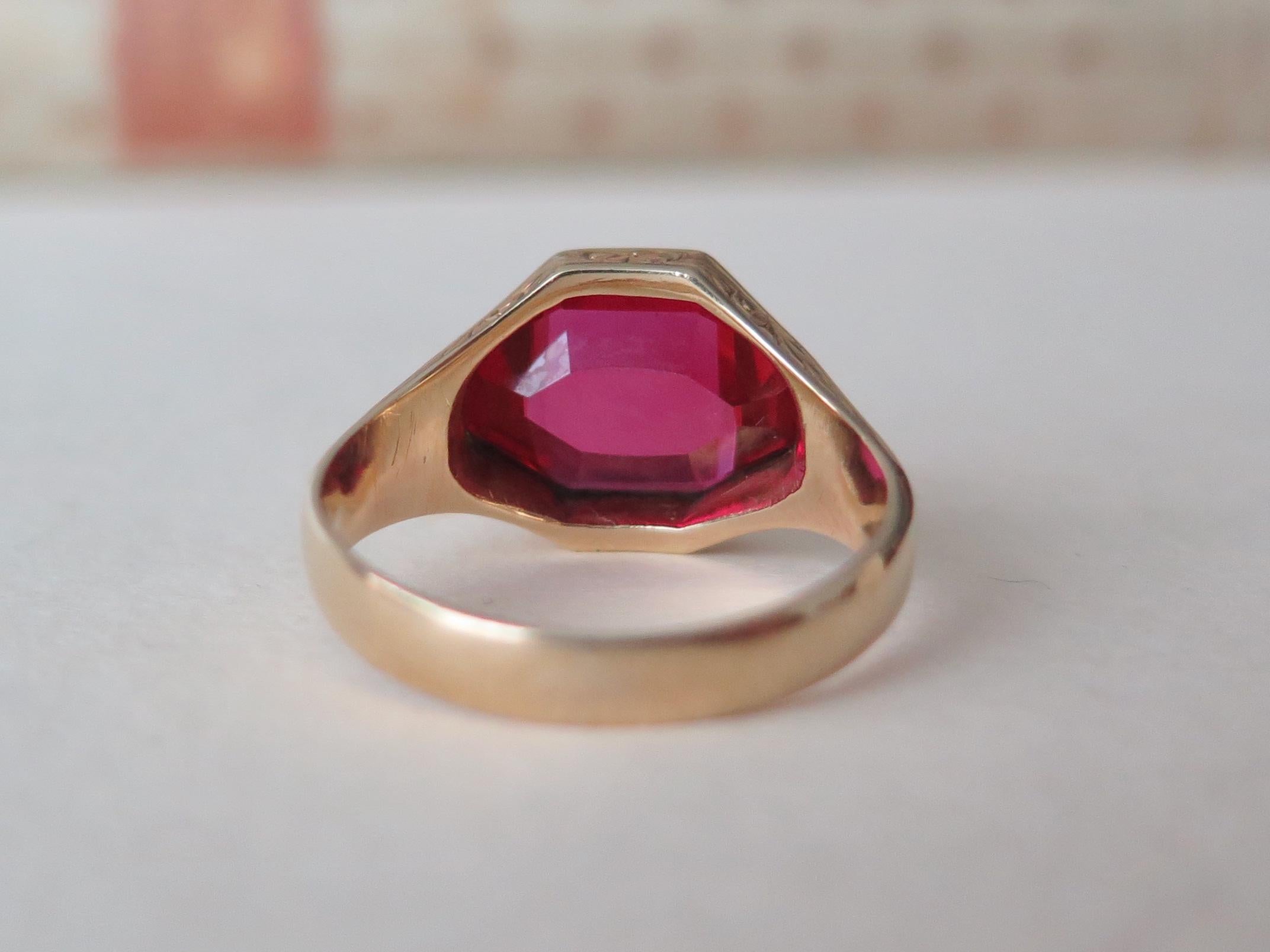 Art Deco 1930s 14k Gold Ring with Synthetic Ruby – Large Size Signet Ring