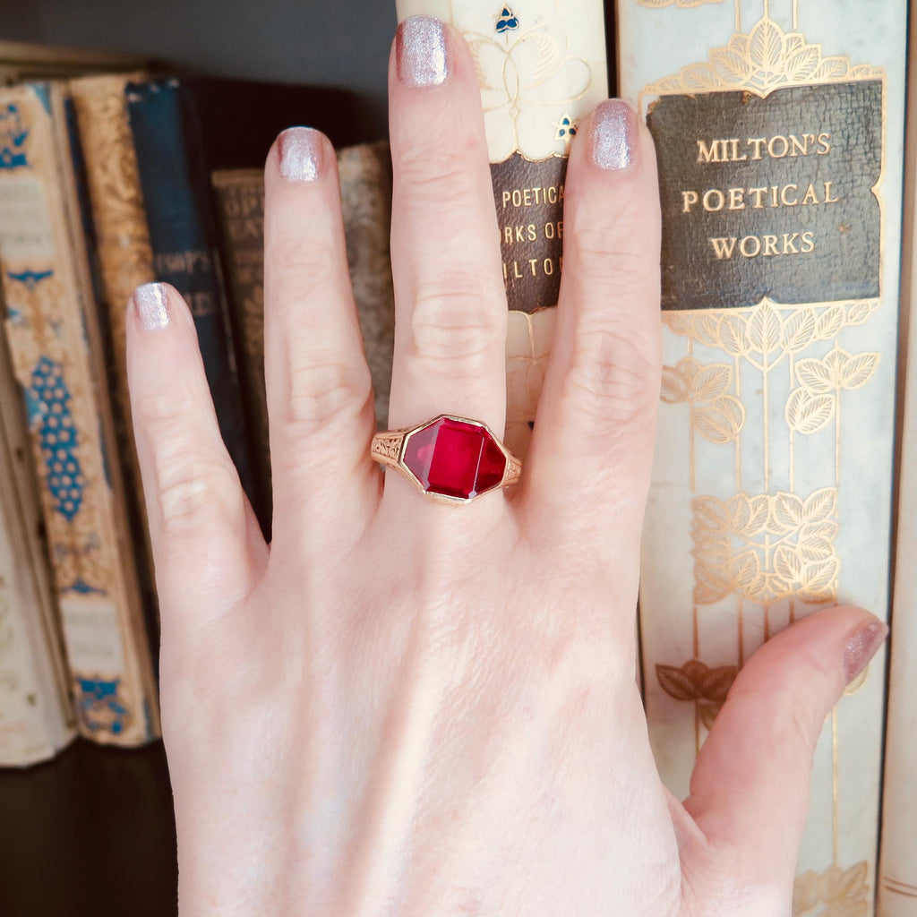 Art Deco 1930s 14k Gold Ring with Synthetic Ruby – Large Size Signet Ring