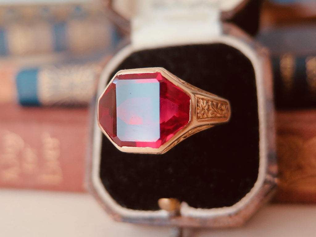 Art Deco 1930s 14k Gold Ring with Synthetic Ruby – Large Size Signet Ring