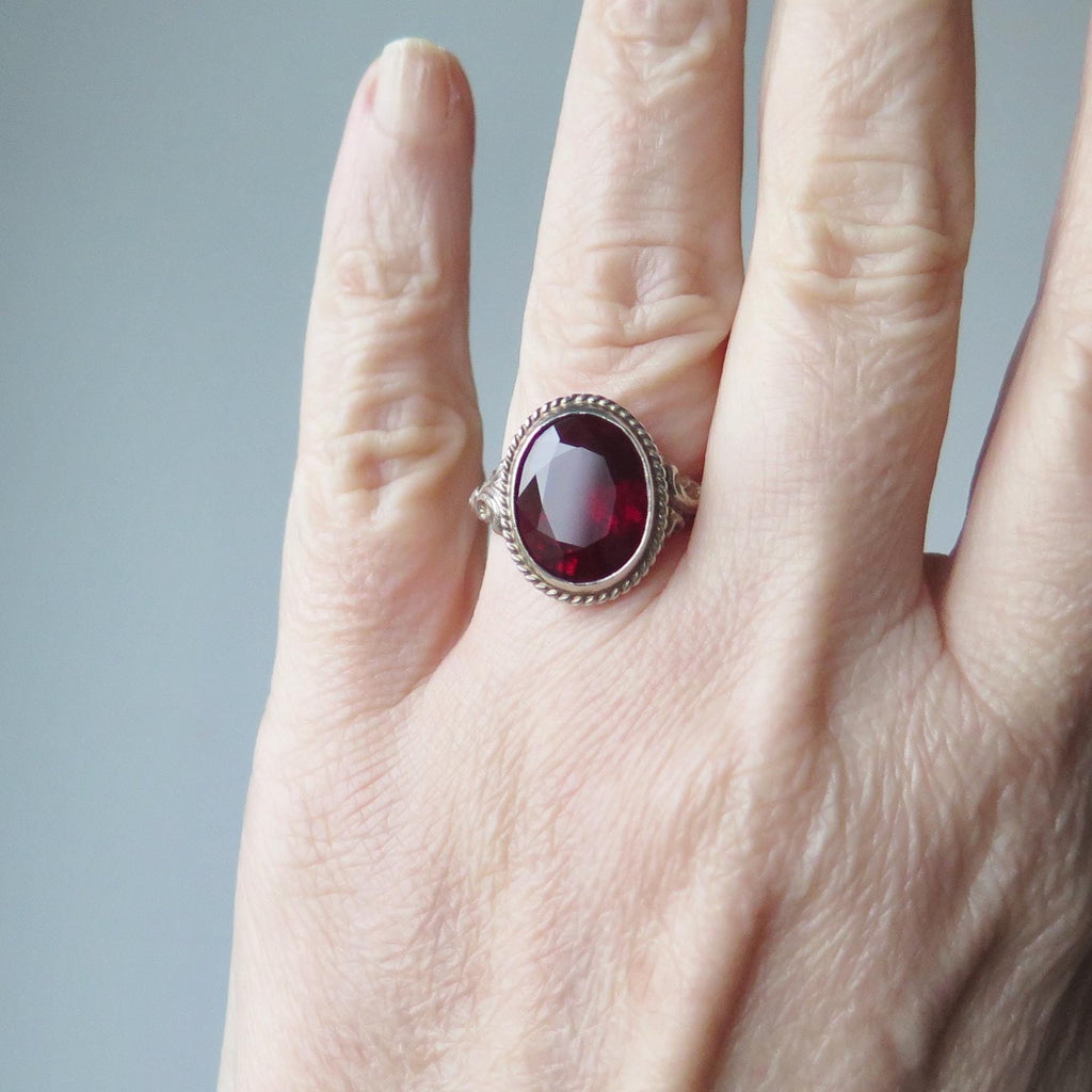 Art Deco 1930s Sterlin Silver Ring with Synthetic Ruby – Vintage Red Engagement Ring