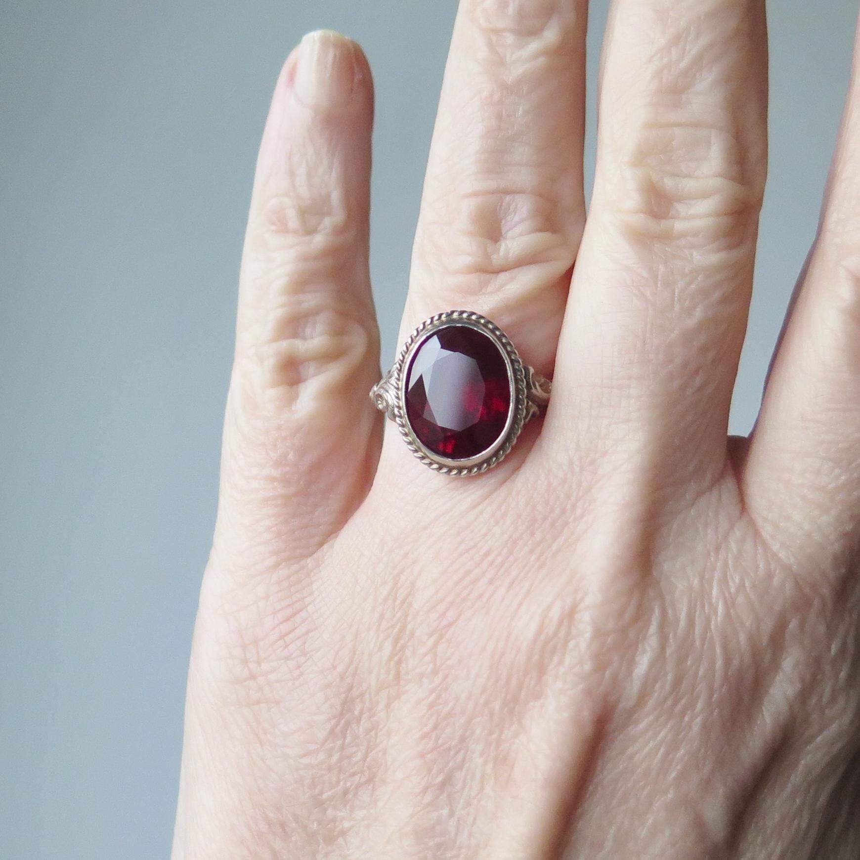 Art Deco 1930s Sterlin Silver Ring with Synthetic Ruby – Vintage Red Engagement Ring