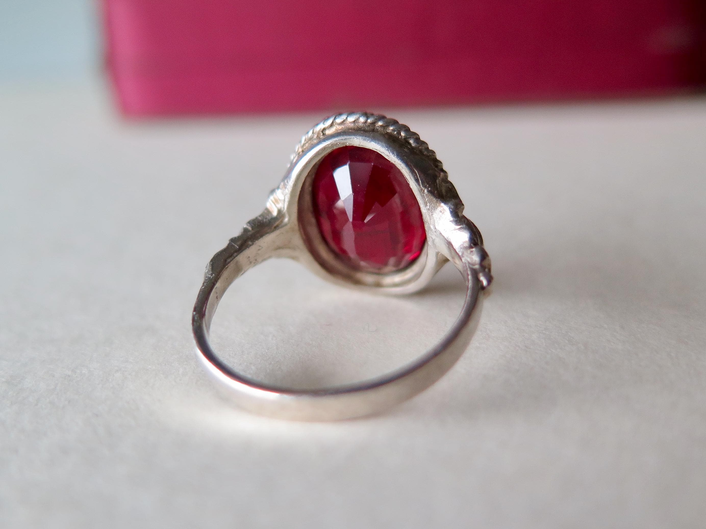 Art Deco 1930s Sterlin Silver Ring with Synthetic Ruby – Vintage Red Engagement Ring