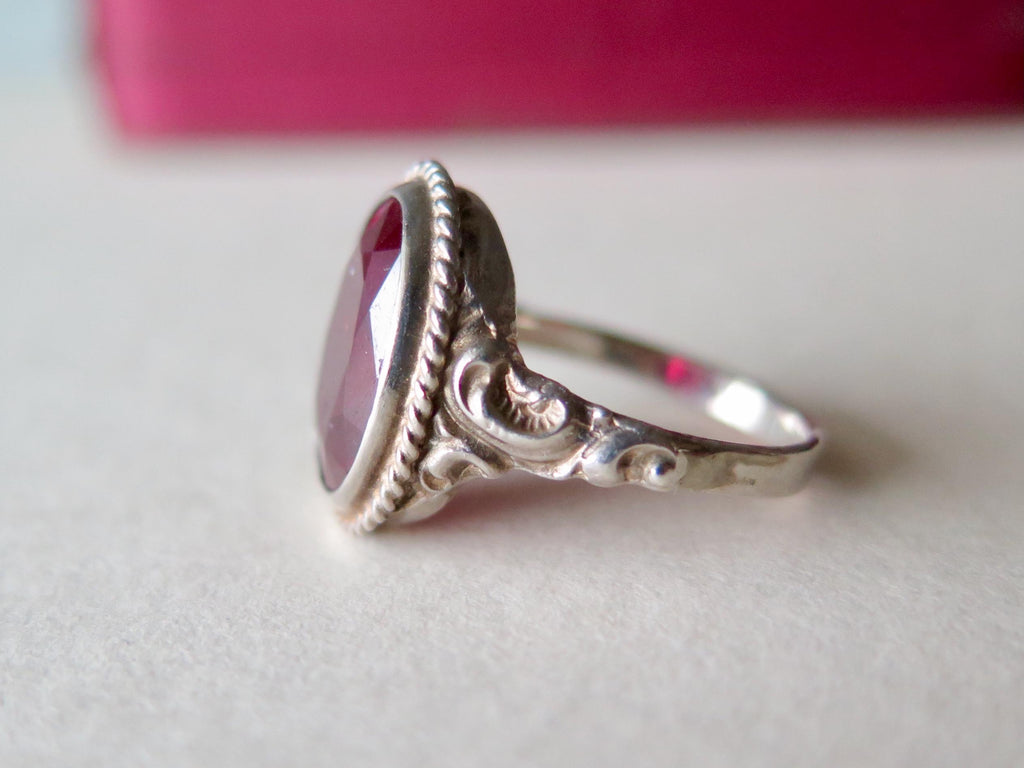 Art Deco 1930s Sterlin Silver Ring with Synthetic Ruby – Vintage Red Engagement Ring