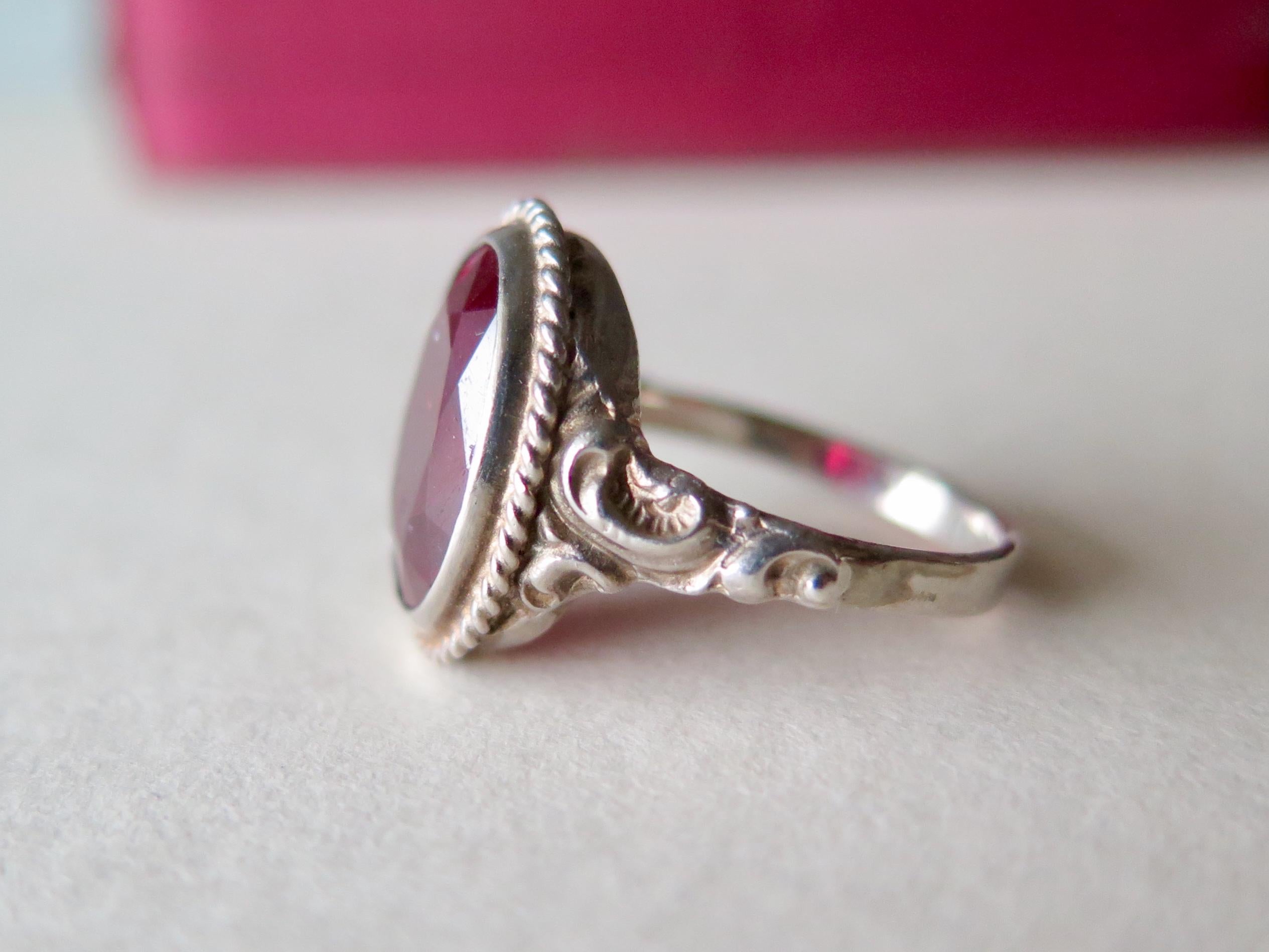 Art Deco 1930s Sterlin Silver Ring with Synthetic Ruby – Vintage Red Engagement Ring