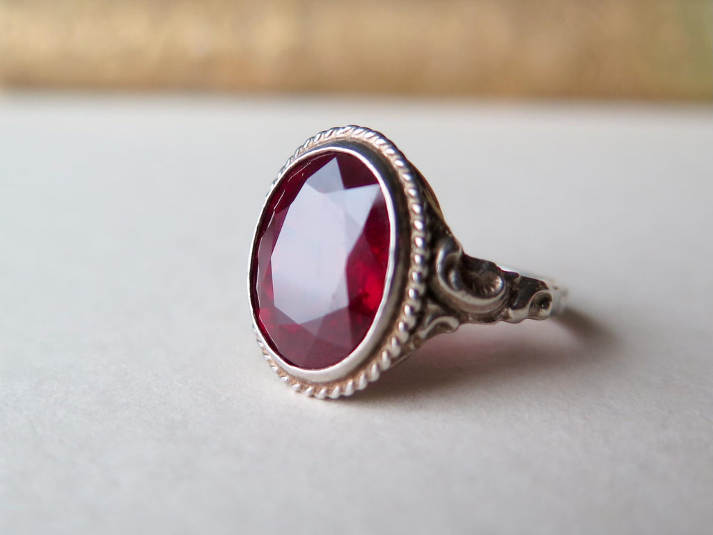 Art Deco 1930s Sterlin Silver Ring with Synthetic Ruby – Vintage Red Engagement Ring