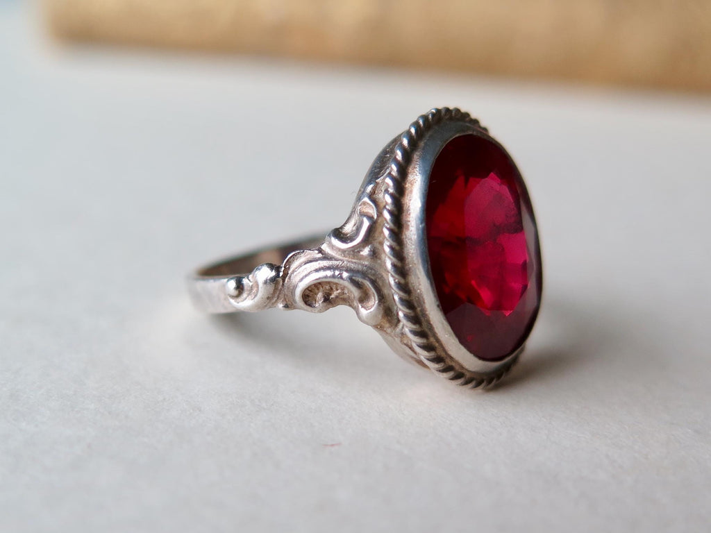 Art Deco 1930s Sterlin Silver Ring with Synthetic Ruby – Vintage Red Engagement Ring