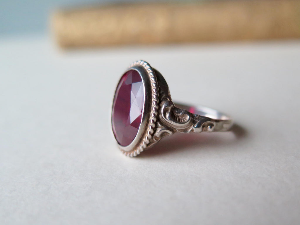 Art Deco 1930s Sterlin Silver Ring with Synthetic Ruby – Vintage Red Engagement Ring