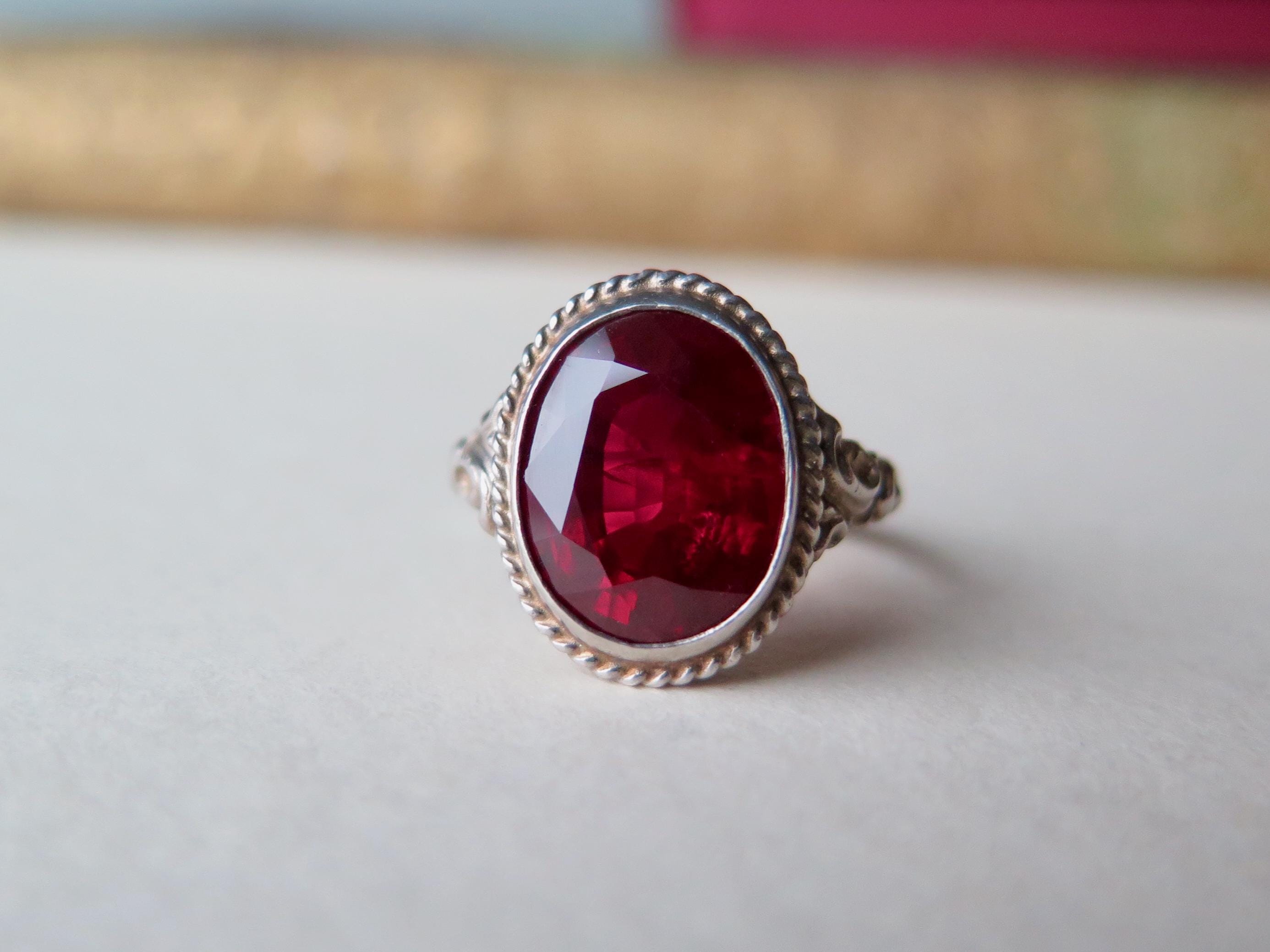 Art Deco 1930s Sterlin Silver Ring with Synthetic Ruby – Vintage Red Engagement Ring
