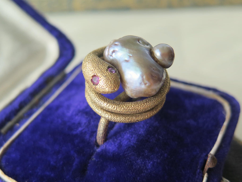 Antique Victorian 18k Gold Serpent Ring: Pearl & Garnet Snake Jewelry