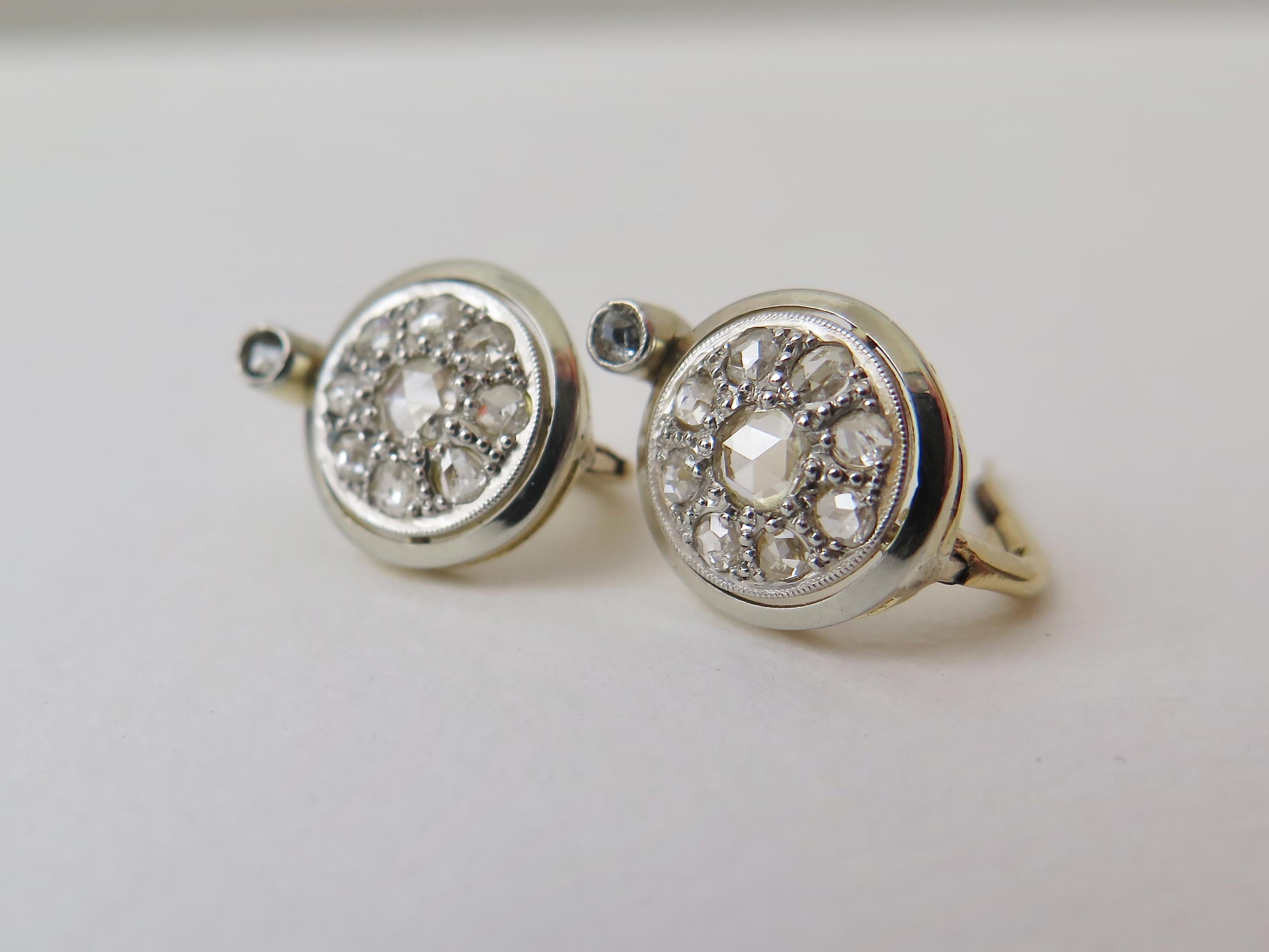 Art Deco 14k Gold Rose Cut Diamond Cluster Earrings: Early 1900s