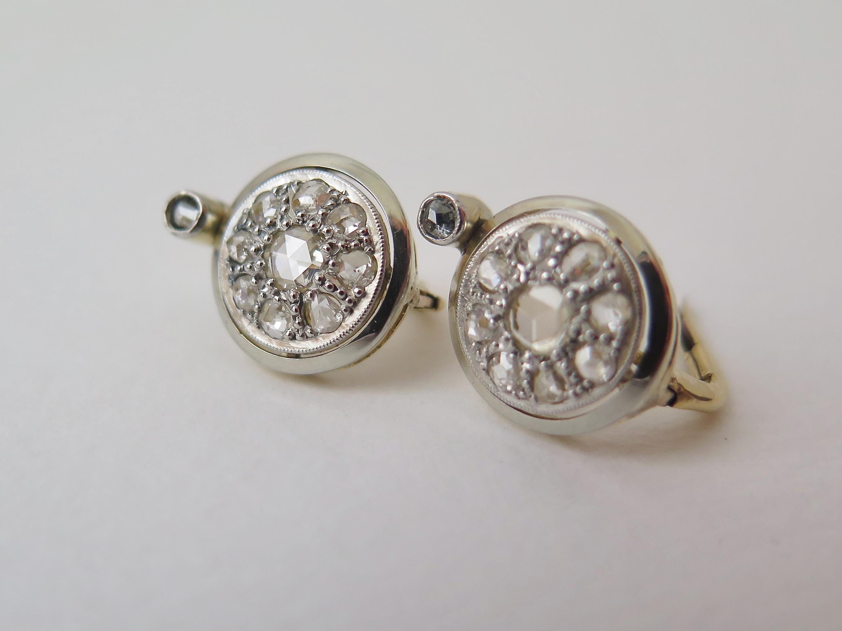 Art Deco 14k Gold Rose Cut Diamond Cluster Earrings: Early 1900s