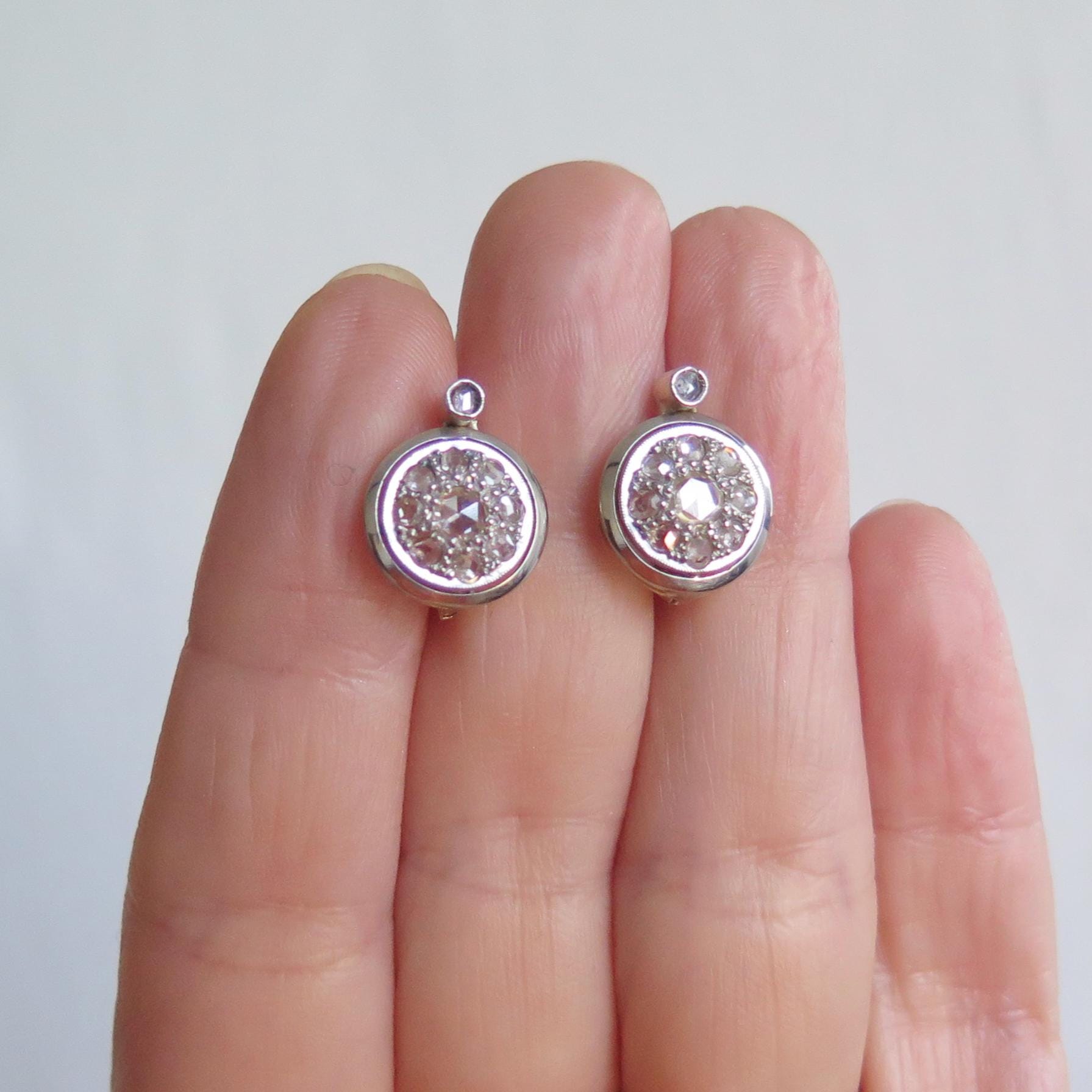 Art Deco 14k Gold Rose Cut Diamond Cluster Earrings: Early 1900s