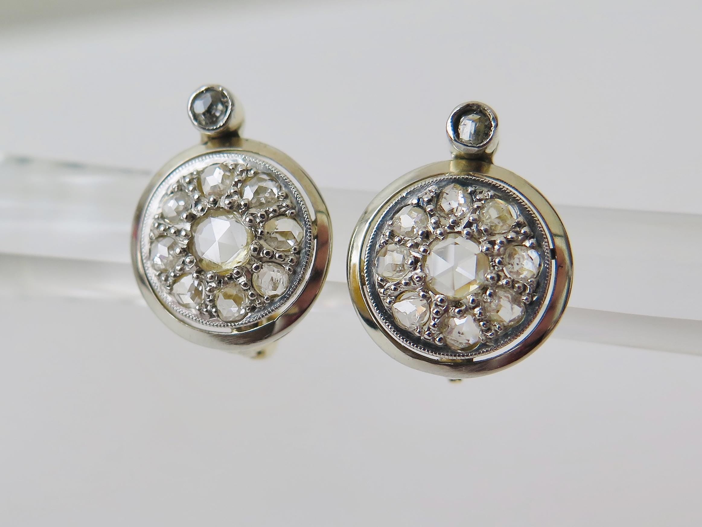 Art Deco 14k Gold Rose Cut Diamond Cluster Earrings: Early 1900s
