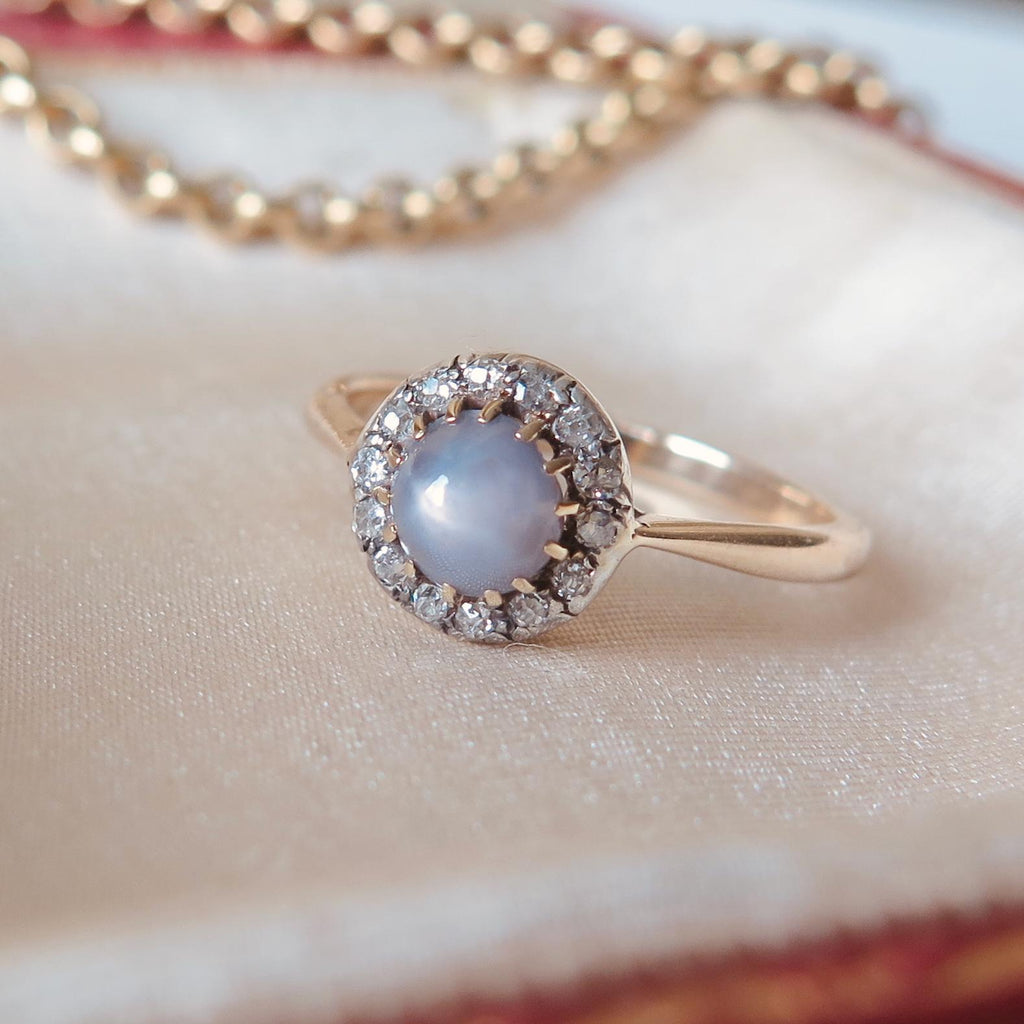 Victorian 14k Gold Star Sapphire Ring: Antique Diamond Halo Jewelry