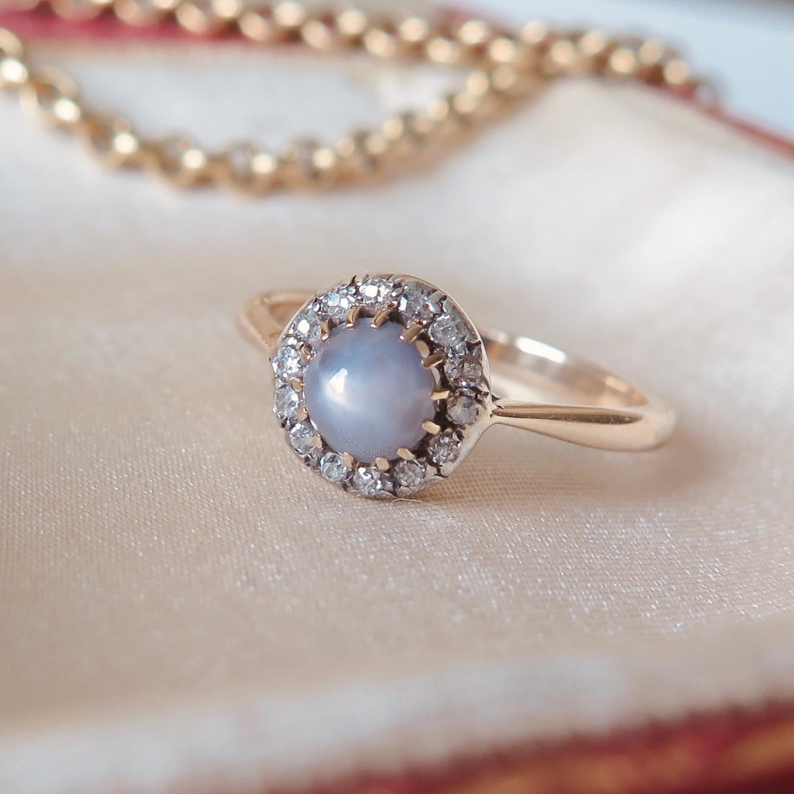 Victorian 14k Gold Star Sapphire Ring: Antique Diamond Halo Jewelry