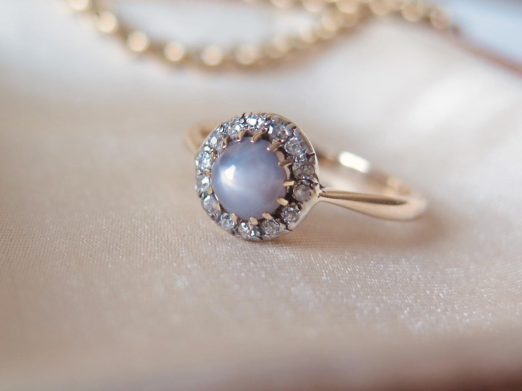 Victorian 14k Gold Star Sapphire Ring: Antique Diamond Halo Jewelry