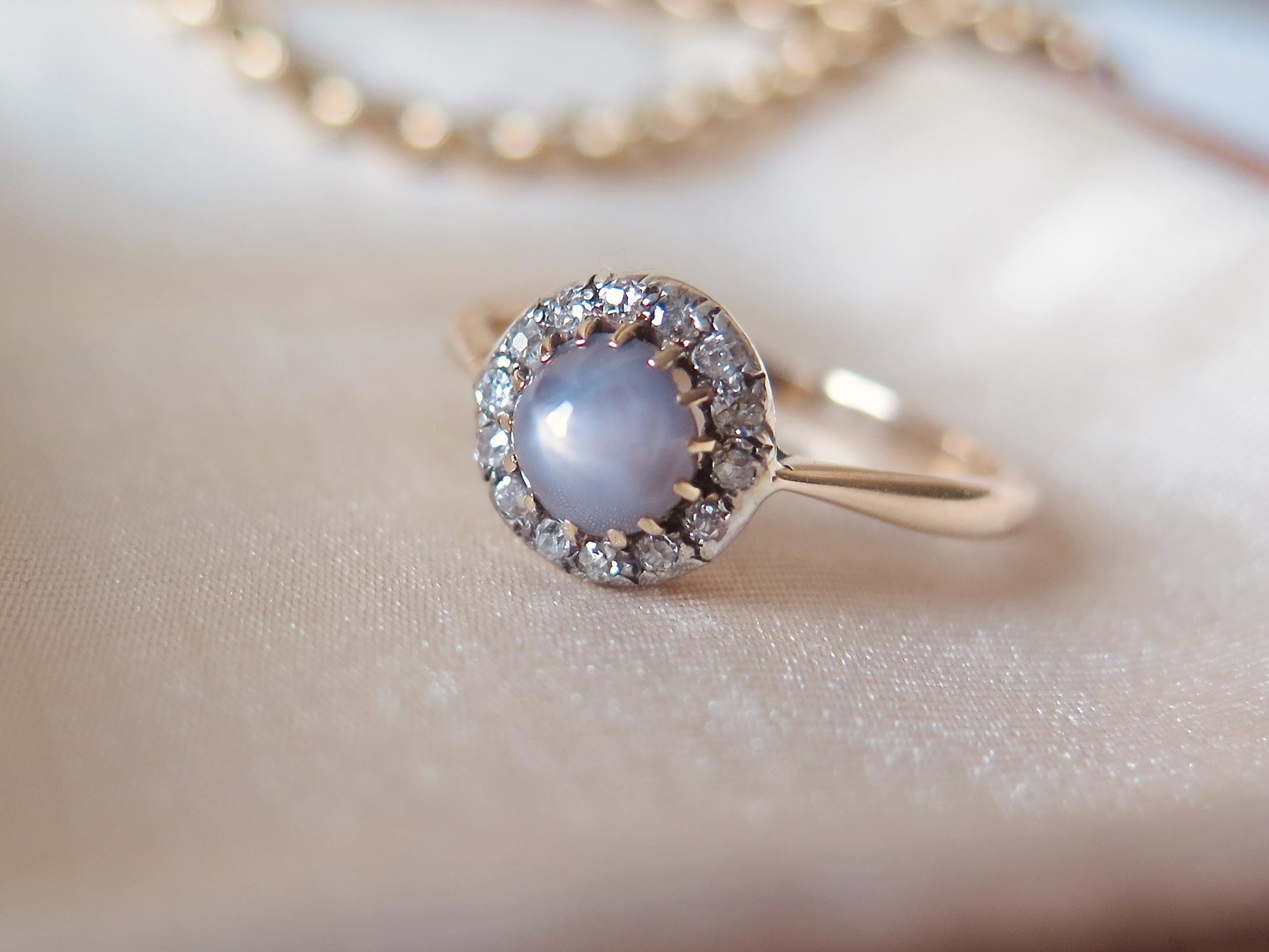 Victorian 14k Gold Star Sapphire Ring: Antique Diamond Halo Jewelry