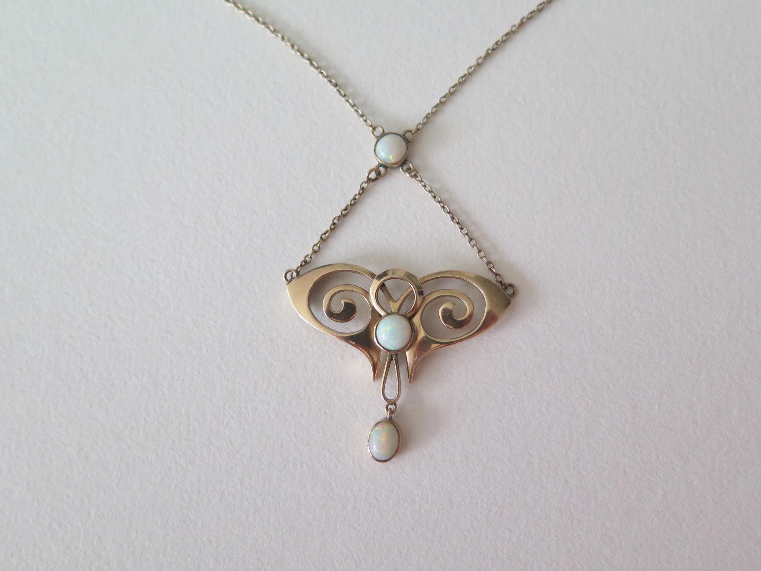 Vintage 9ct Gold Opal Necklace, Art Nouveau Revival 1940s Pendant
