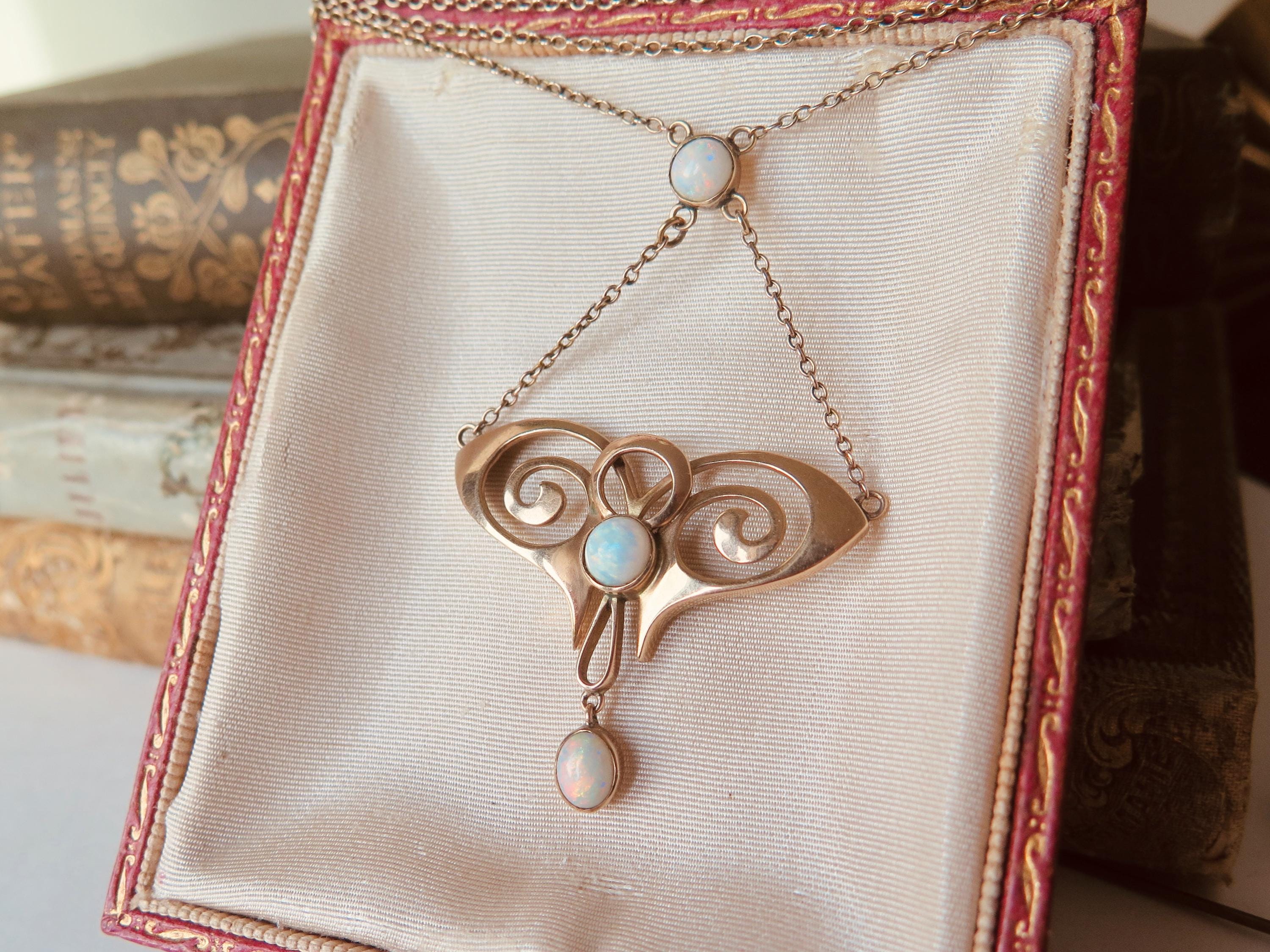 Vintage 9ct Gold Opal Necklace, Art Nouveau Revival 1940s Pendant