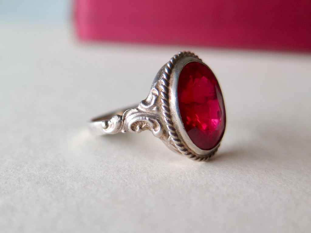 Art Deco 1930s Sterlin Silver Ring with Synthetic Ruby – Vintage Red Engagement Ring