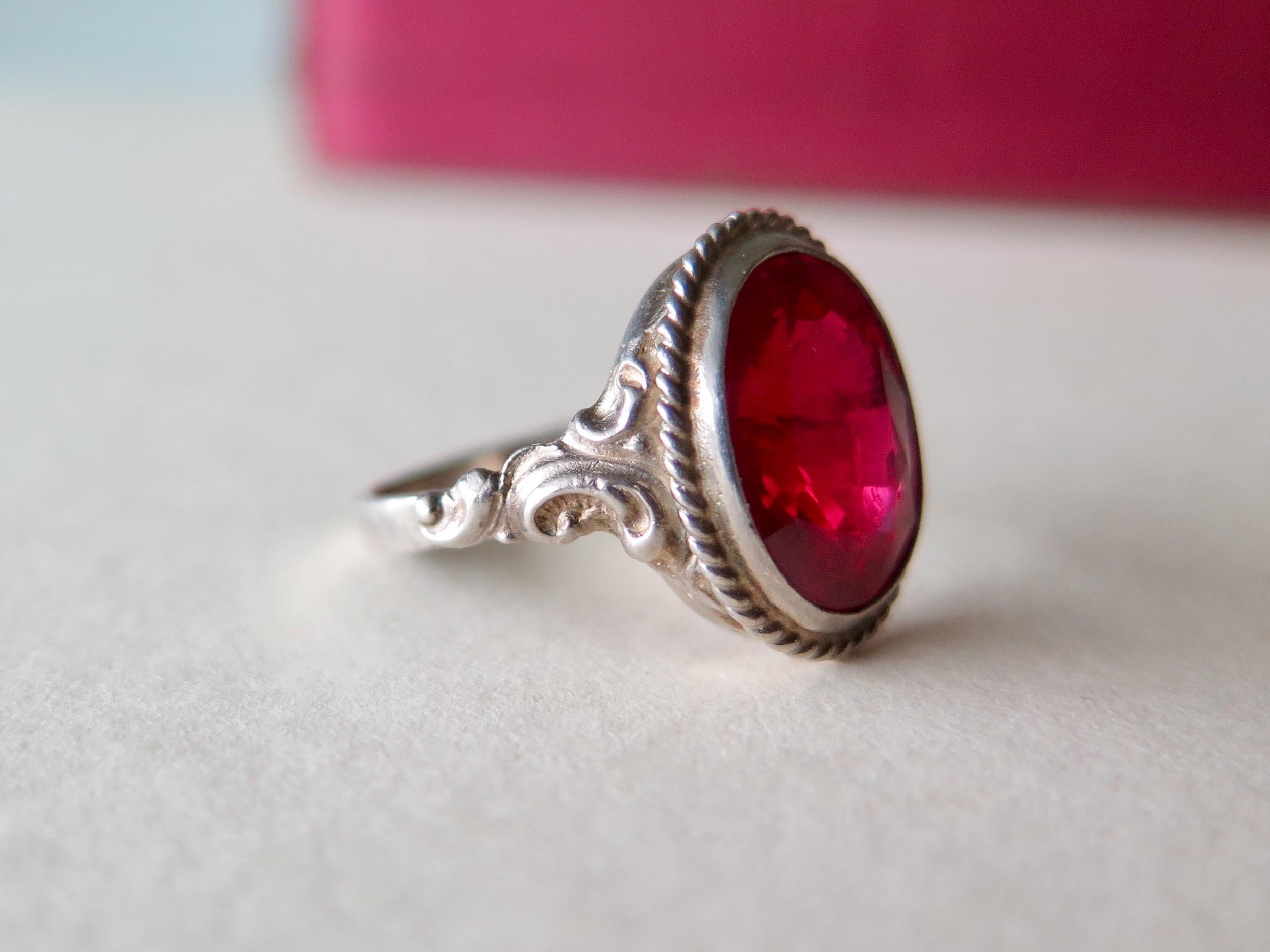 Art Deco 1930s Sterlin Silver Ring with Synthetic Ruby – Vintage Red Engagement Ring
