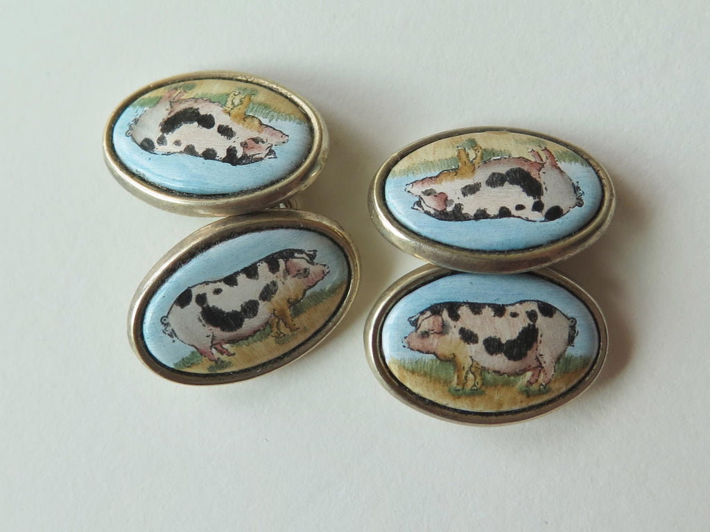 Vintage Silver Cufflinks with Pig Miniatures