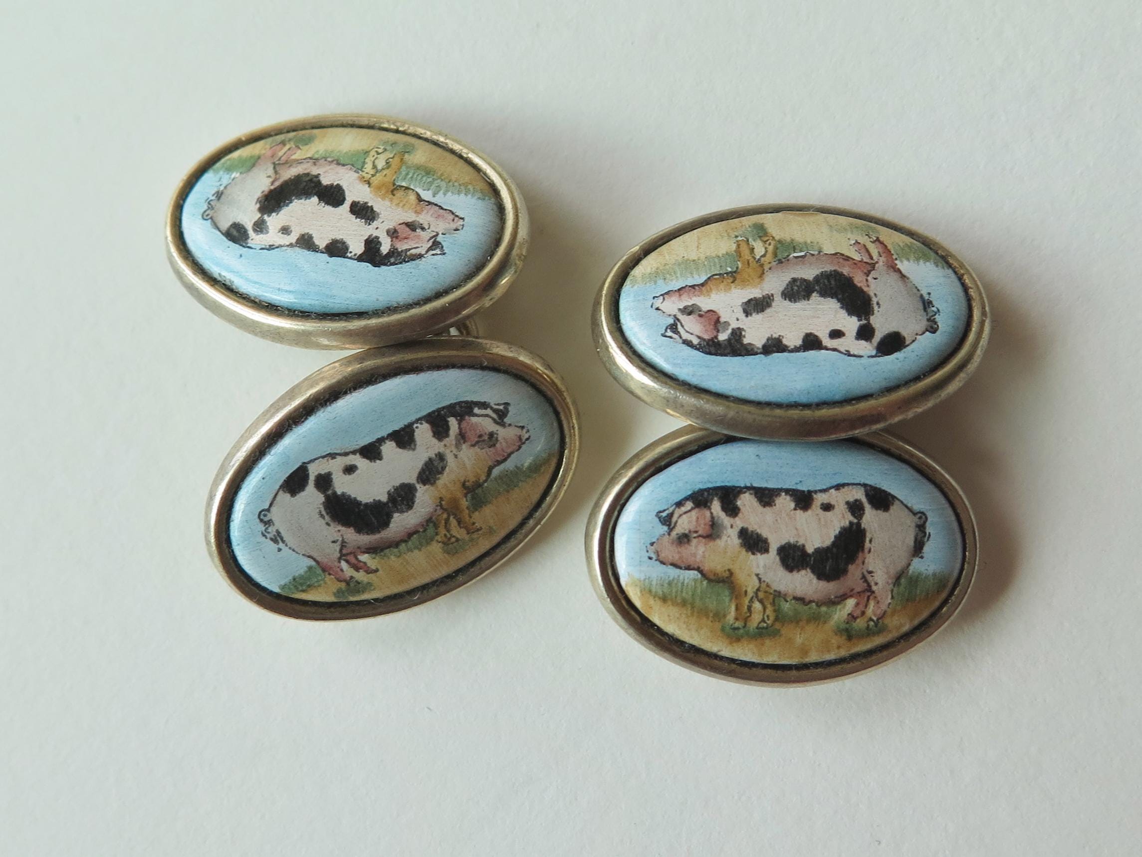 Vintage Silver Cufflinks with Pig Miniatures