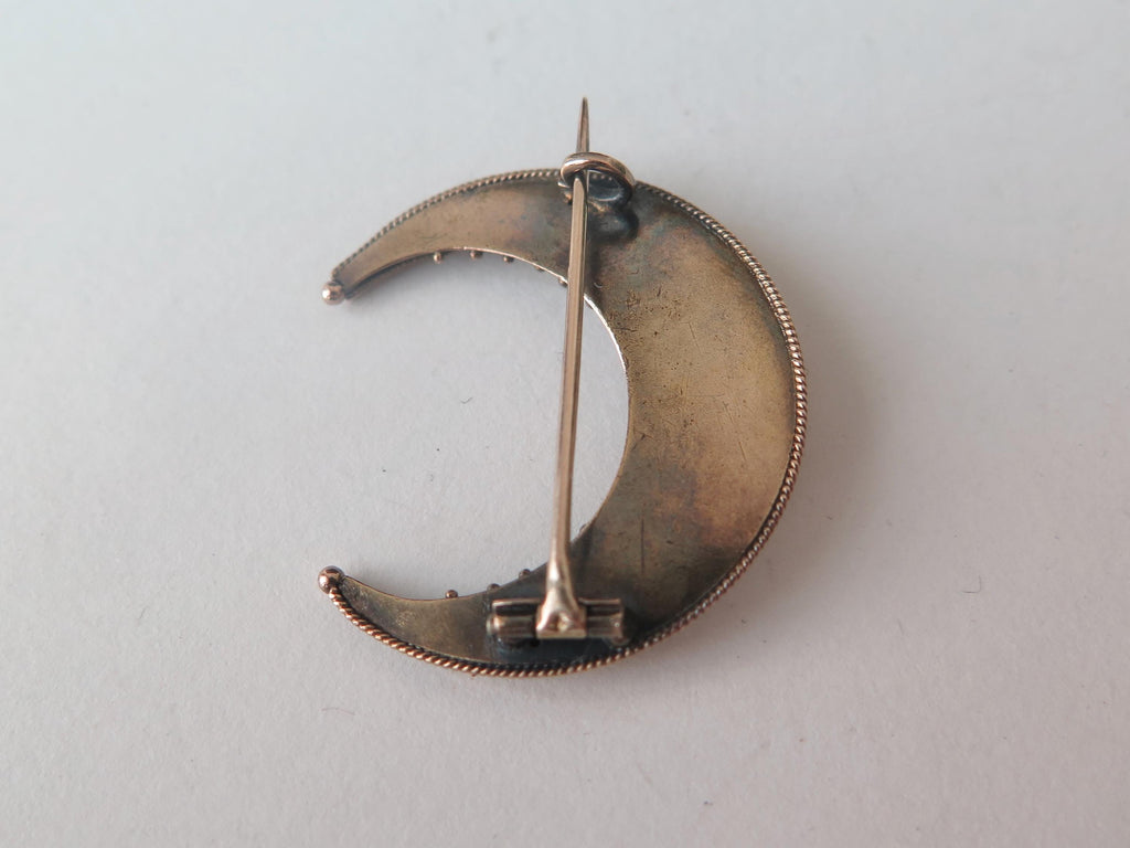 Antique Victorian Crescent Moon Brooch in 14k Gold and Silver