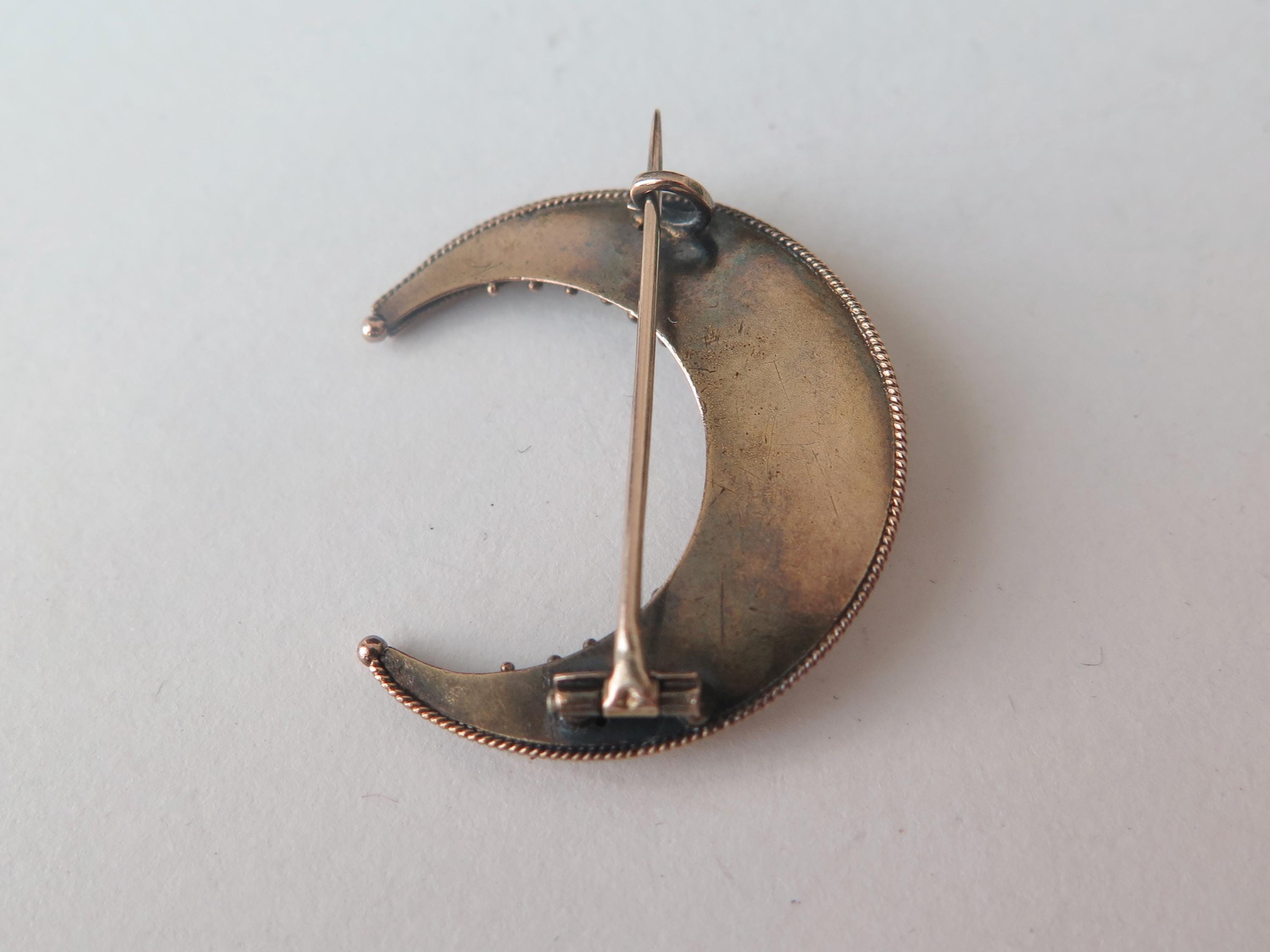 Antique Victorian Crescent Moon Brooch in 14k Gold and Silver